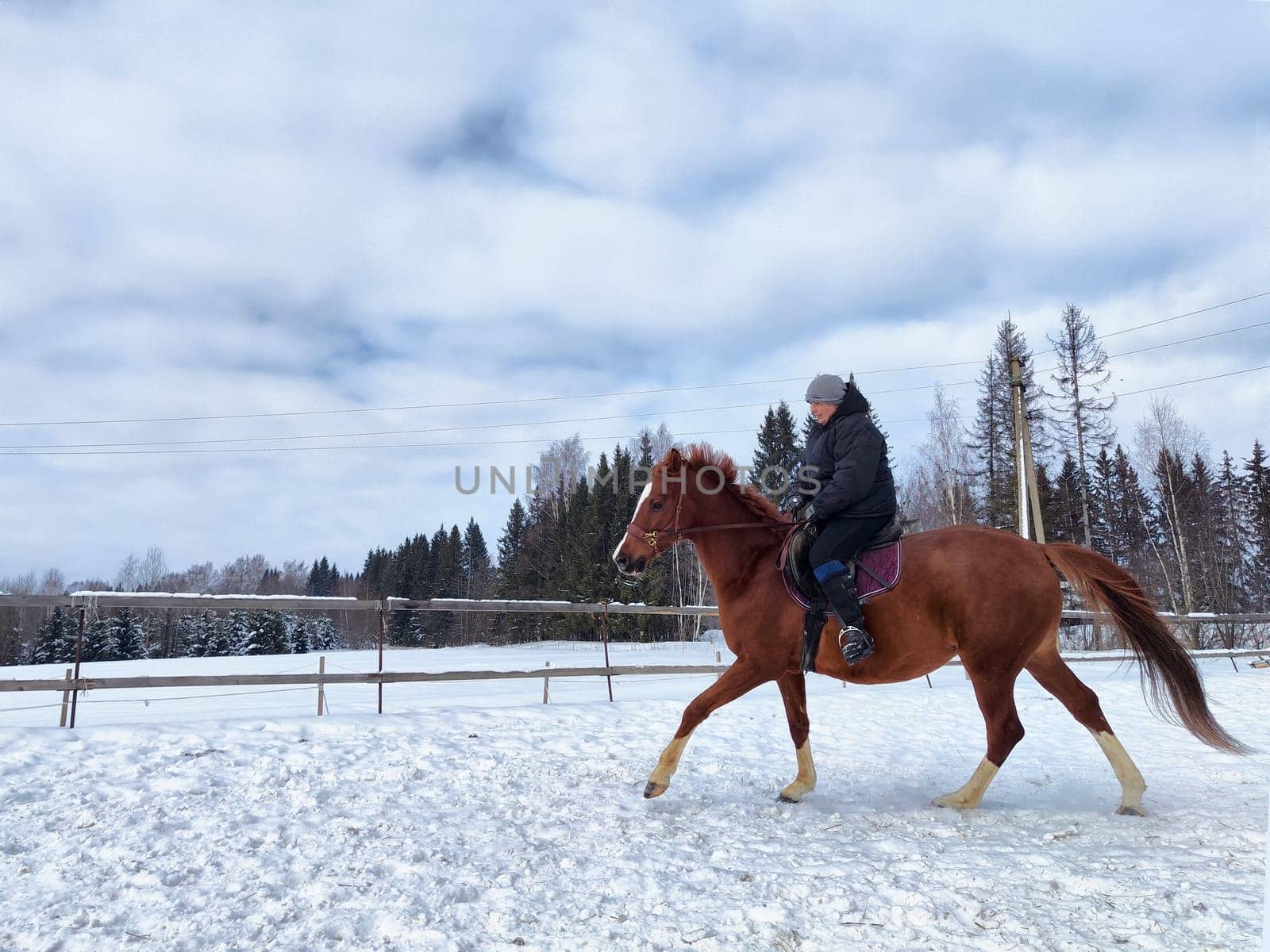 A rider enjoys a leisurely ride on a chestnut horse through fresh snow under a bright blue sky filled with clouds.