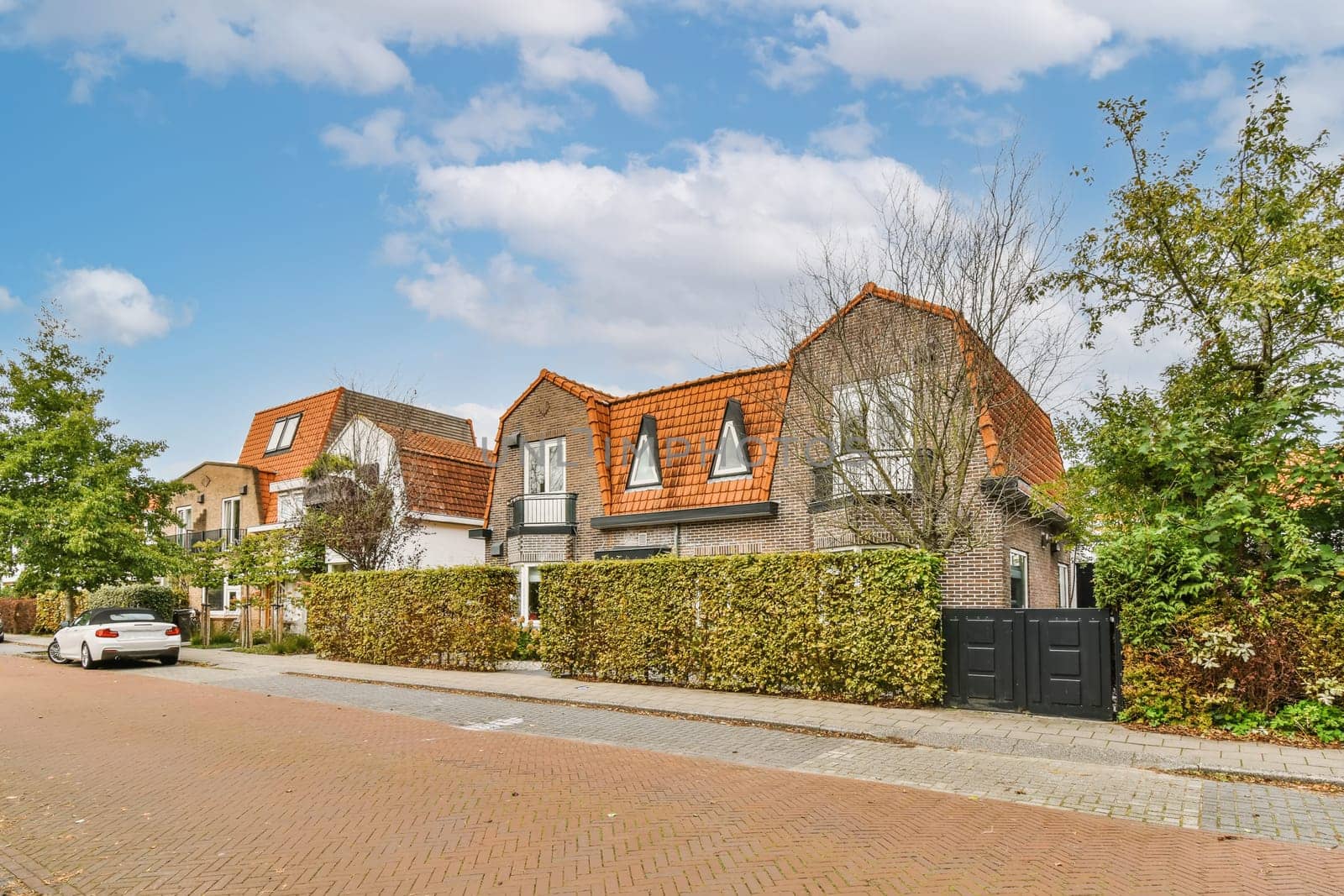 some houses on the side of a street with cars parked in front of them and green bushes growing along the road