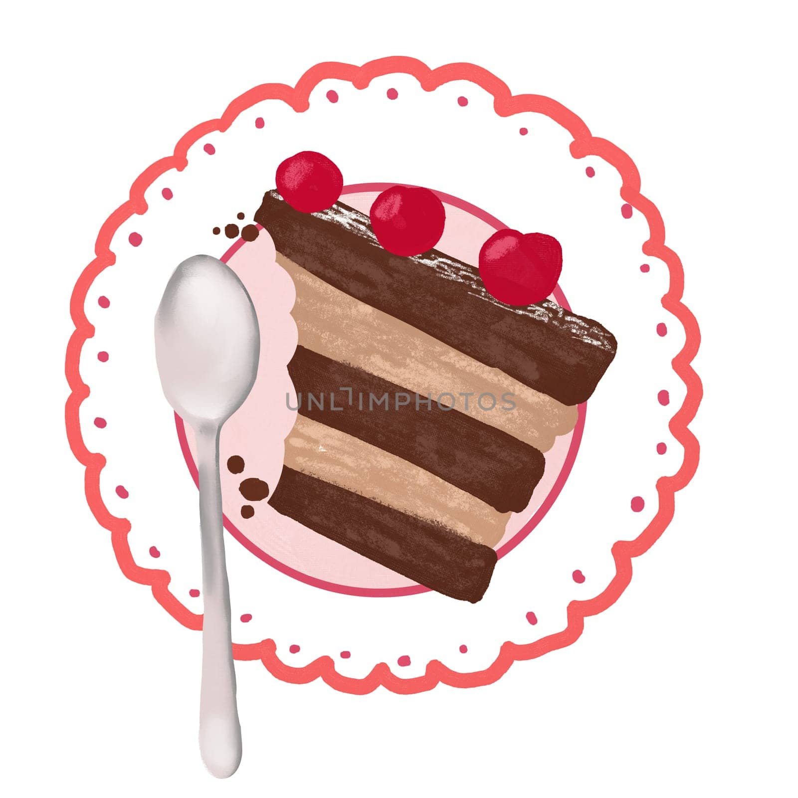 Hand drawn illustration of chocolate cake with berries on plate with spoon. Sweet tasty bakery delicious baking food, homemade pastry yummy frosting dessert, kitchen eat pie