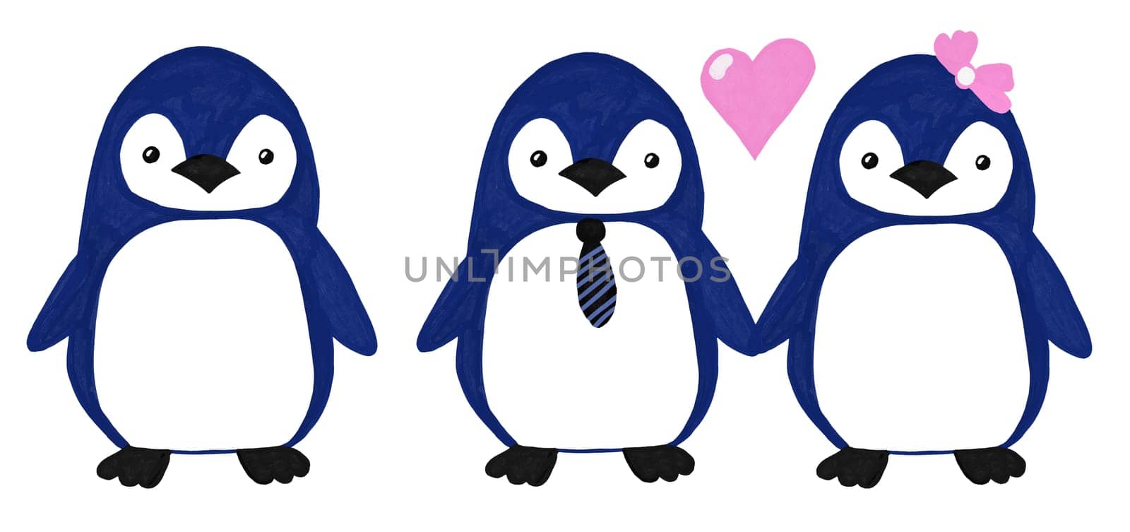 Hand drawn illustration of penguin cute wild animal. Funny arctic isolated wildlife baby, polar zoo doodle art print, modern minimal card, adorable winter children valentine love couple