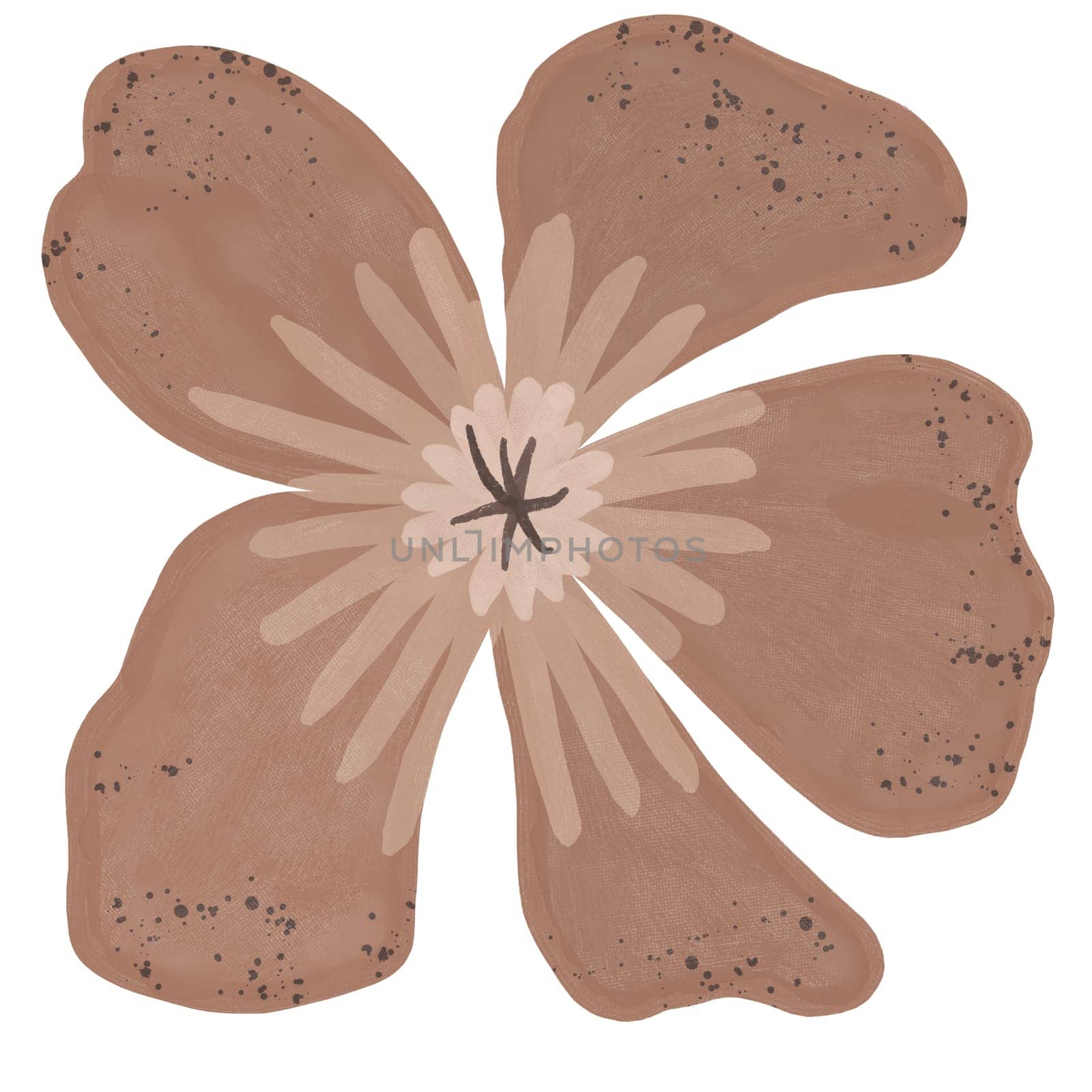 Hand drawn illustration of midcentury modern flower in mocha mousse beige brown colors. Trendy 60s 70s floral design print, elegant blossom art plant, curve outlines. Simple elegant art