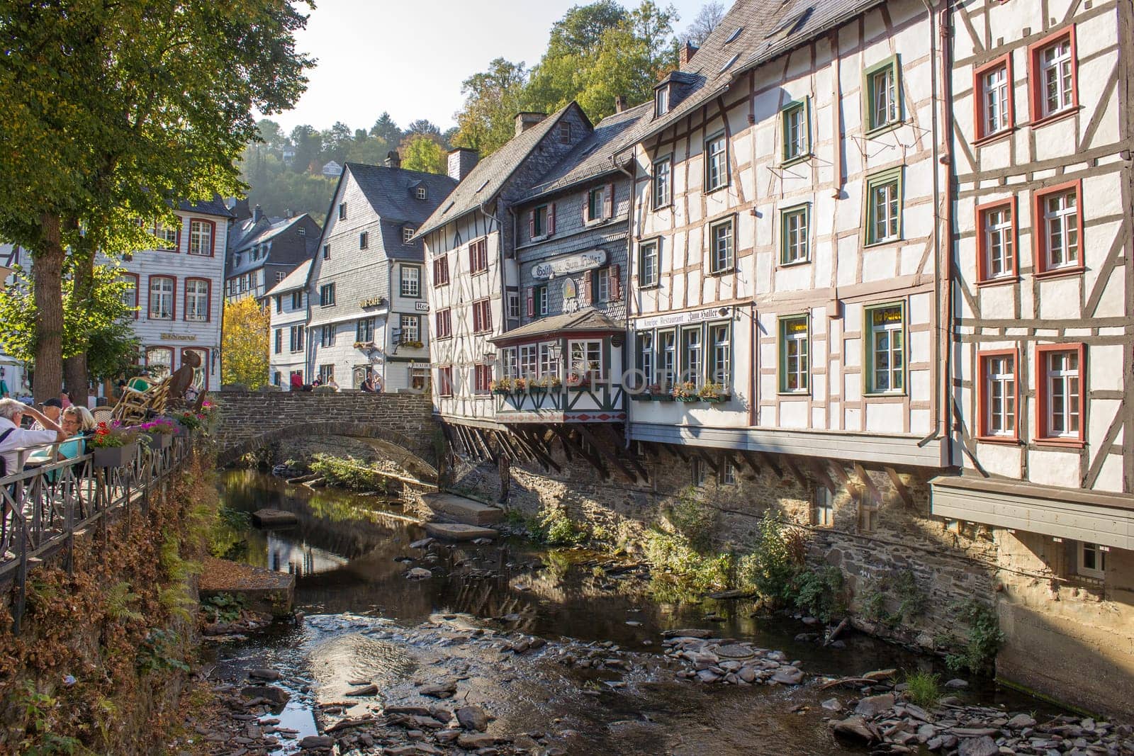MONSCHAU, GERMANY - SEPTEMBER 22, 2020: small town Monschau with unidentified people. The historic town center has many half-timbered houses and narrow streets remained nearly unchanged for 300 years