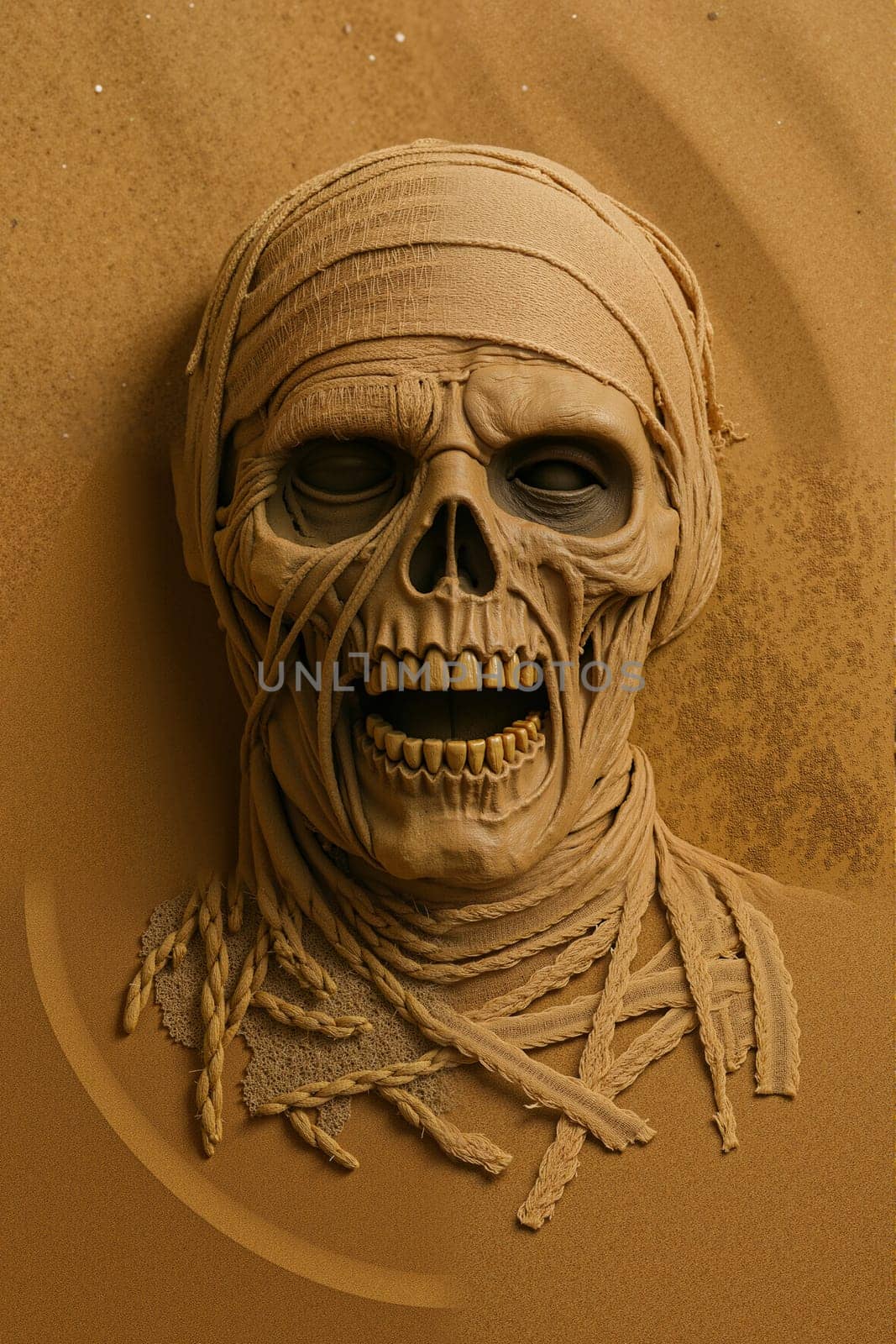 Mummy with skull on brown background, AI generation.
