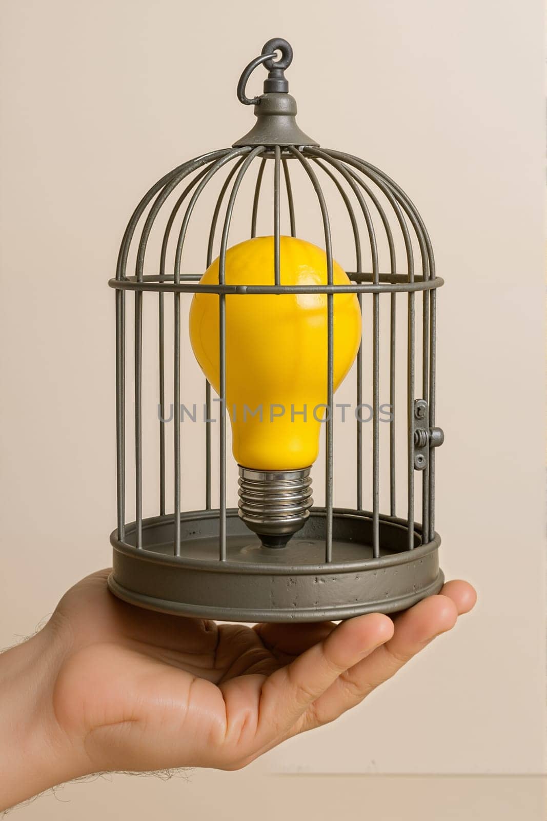 Lightbulb in cage on beige background, AI generation.