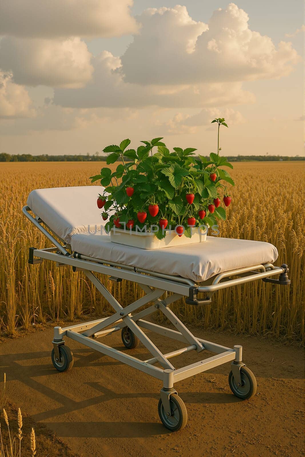 Hospital bed in field with flowers, AI generation.