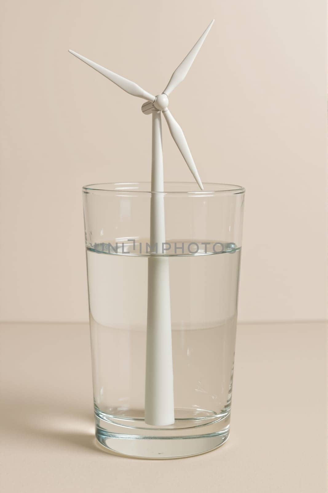 Glass of water with wind turbine, AI generation.