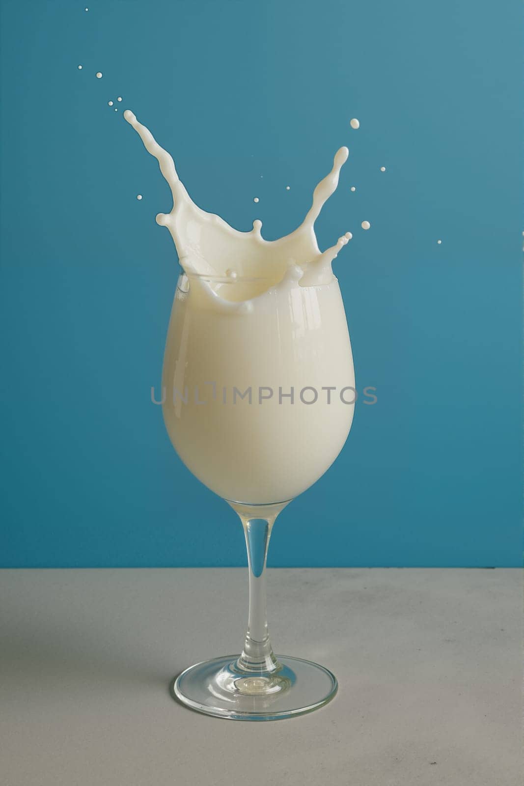 Glass with milk splash on blue background, AI generation.