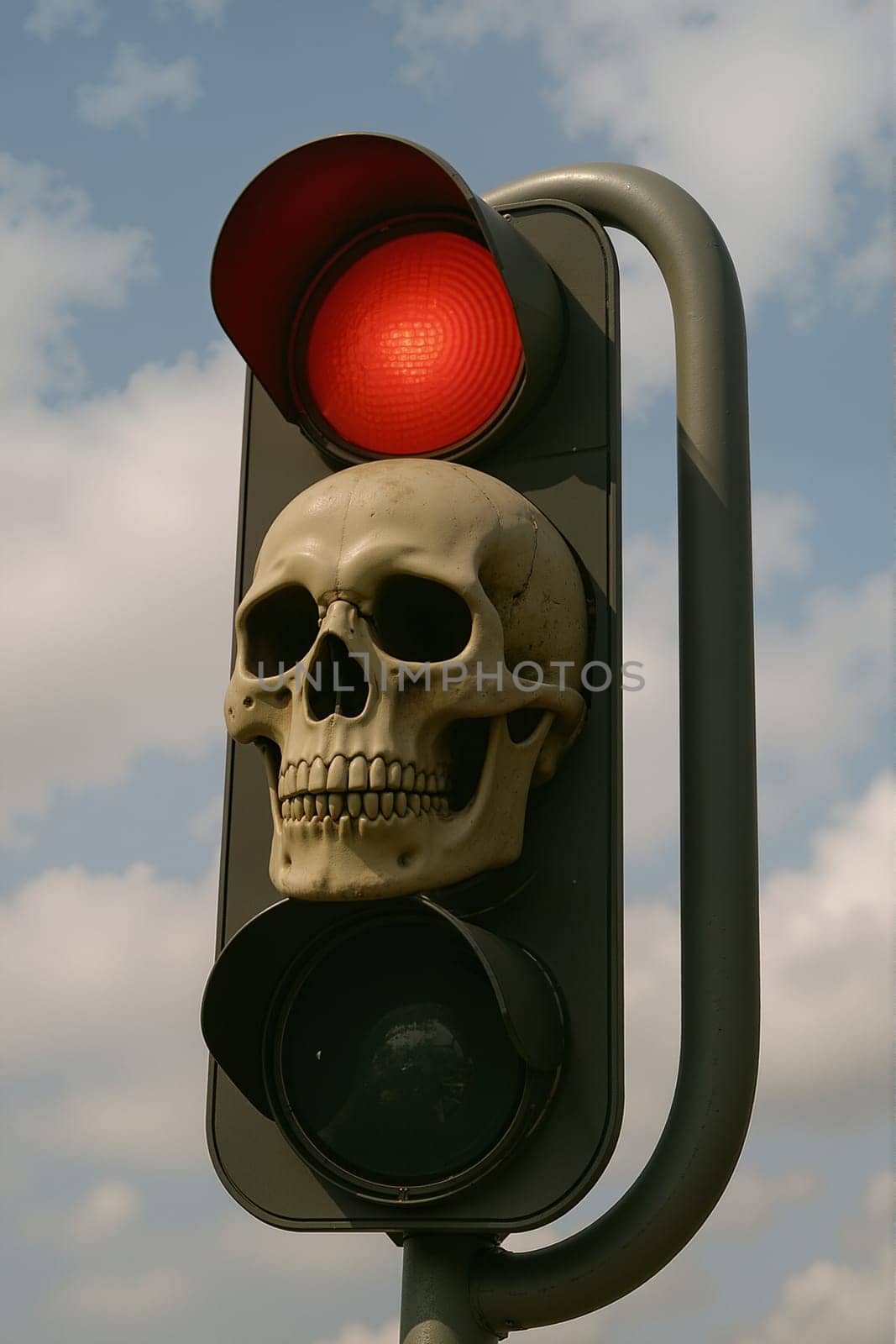 Skull on red traffic light, AI generation.