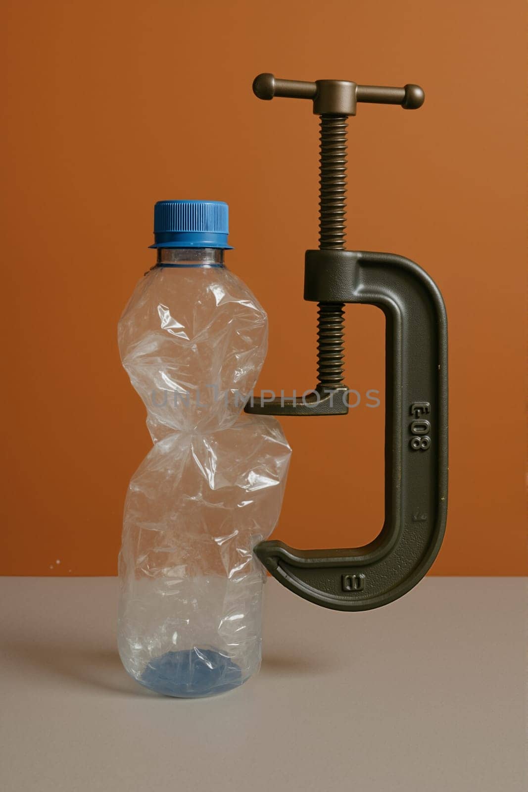 Plastic bottle in vise on orange background, AI generation.