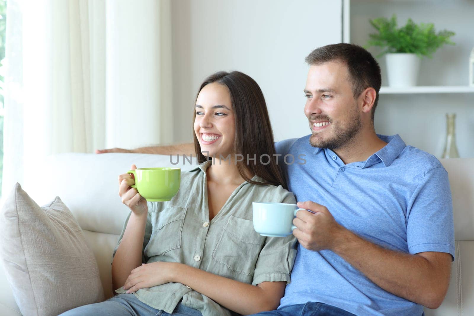 Happy couple relaxing sitting on a sofa drinking tea at home