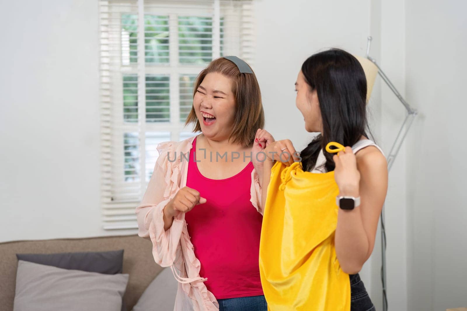 In a warm and inviting living room, two friends enjoy a playful clothes fitting session, showcasing vibrant outfits and exchanging fashion ideas with joy.