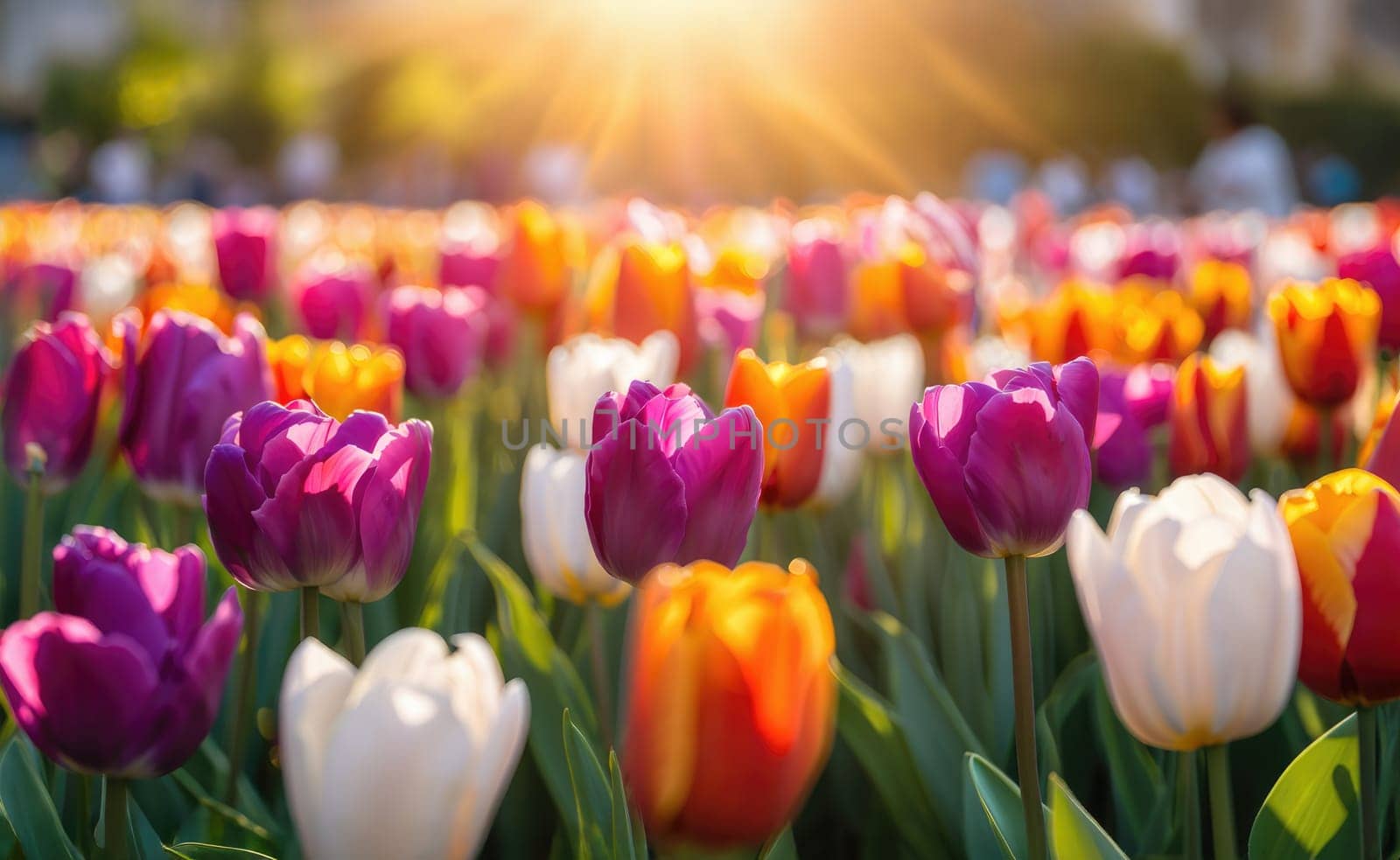 A vibrant display of colorful tulips in full bloom stretches across the field, touched by warm golden sunlight during the early evening hours of spring, inviting visitors to enjoy the beauty.