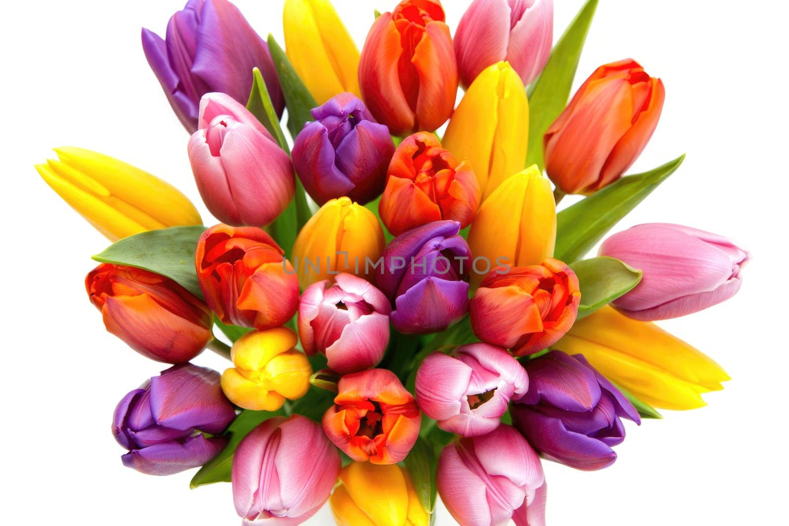 A vibrant bouquet filled with a diverse array of tulips in shades of pink, yellow, orange, and purple is arranged beautifully. This spring floral display captures the essence of the season.