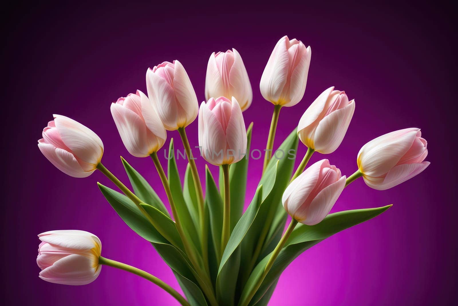 A bouquet of delicate pink tulips with vibrant green leaves stands upright against a striking purple backdrop, creating a visually captivating arrangement perfect for decoration or gifting.