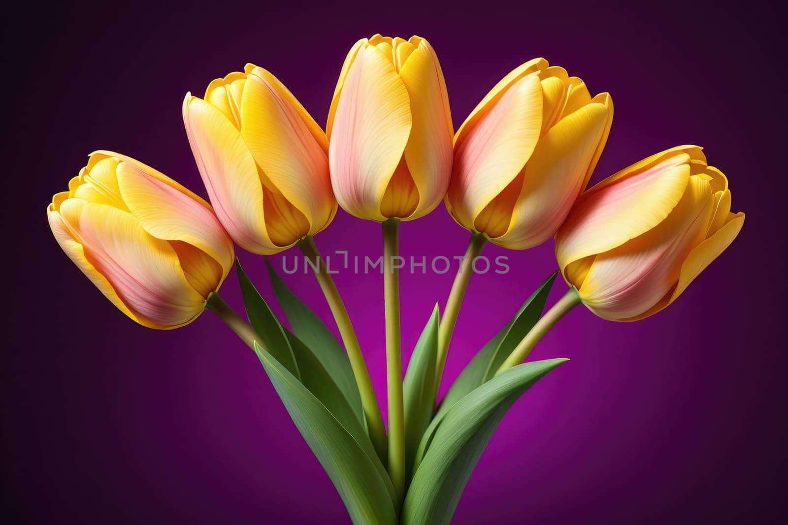 A bouquet of five vibrant yellow tulips with soft pink edges stands upright, showcasing their elegant petals against a rich purple background. The contrast emphasizes the flowers beauty.