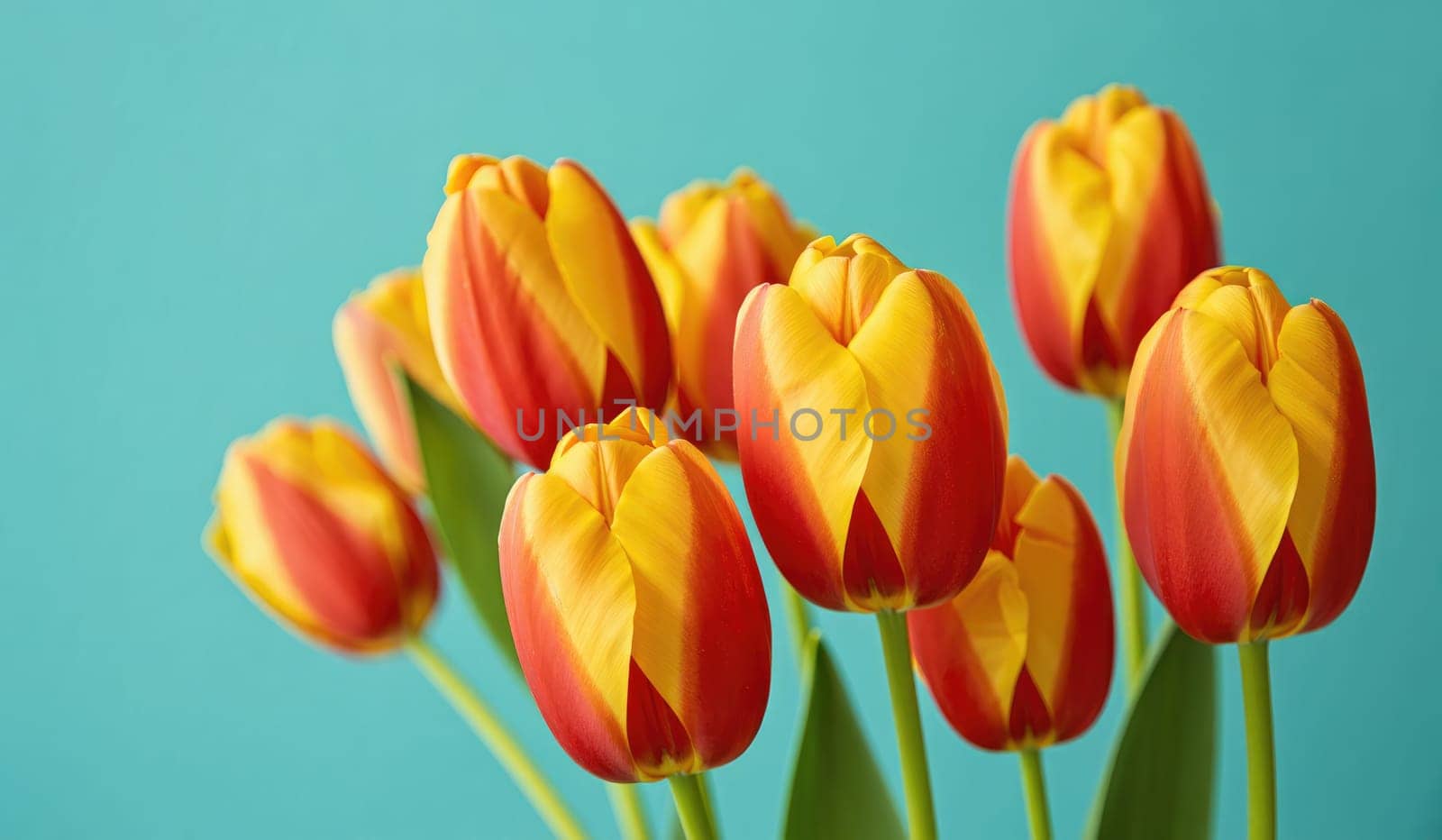A beautiful arrangement of red and yellow tulips stands against a turquoise background, showcasing their vibrant colors. The flowers exhibit a natural elegance, enhancing the decor.
