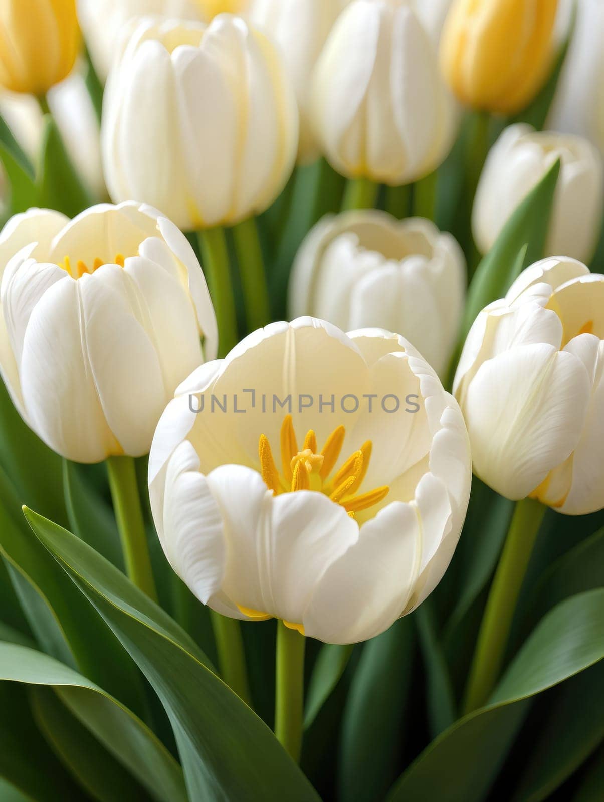 Stunning white tulips with yellow centers bloom vibrantly, surrounded by lush green leaves. This springtime display showcases natures beauty in a serene outdoor setting.