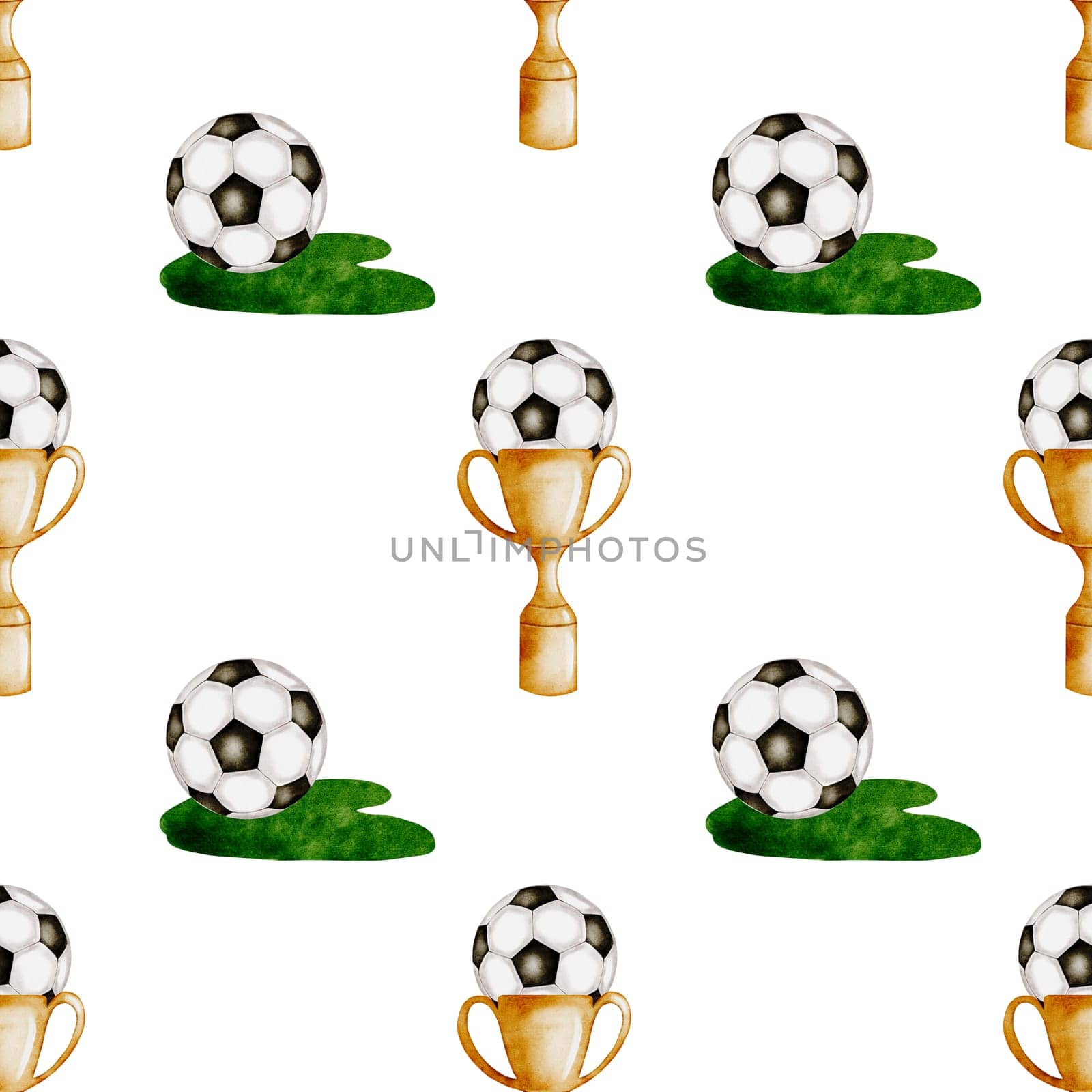 Football watercolor pattern. Seamless pattern of soccer balls, cup and grasson a white background. Ideal for children's and sports textiles, equipment, packaging