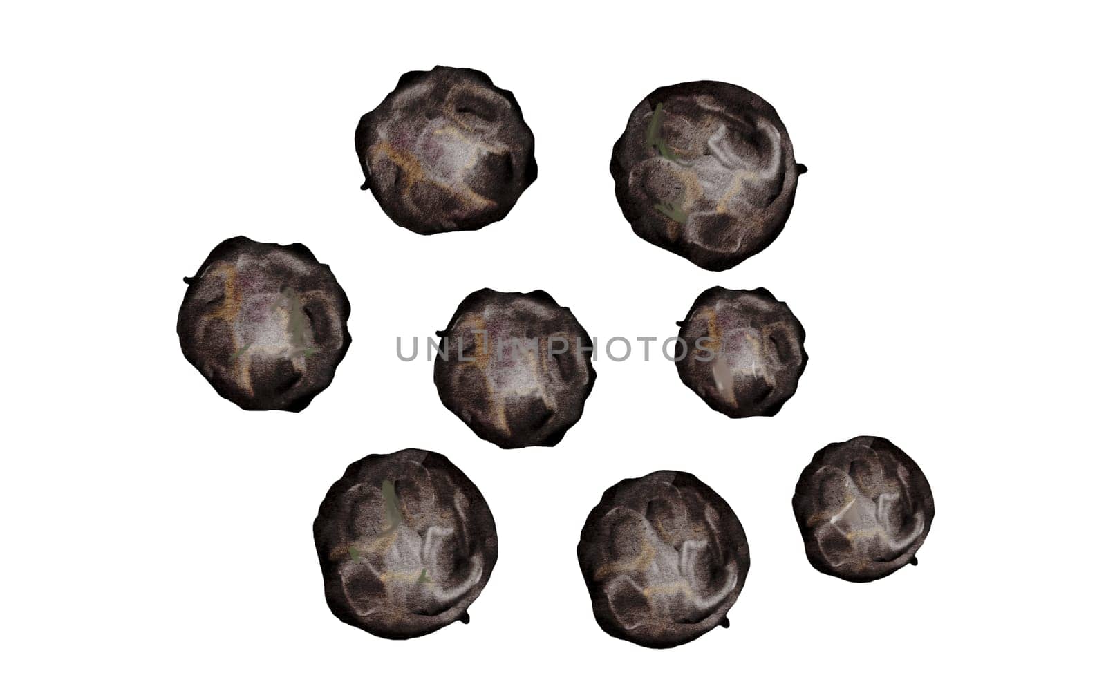 Peppercorns watercolor. Hand drawn dried black pepper. Clip art on a white background of hot spices. Ideal for cookbooks, menus and organic product packaging. High quality photo