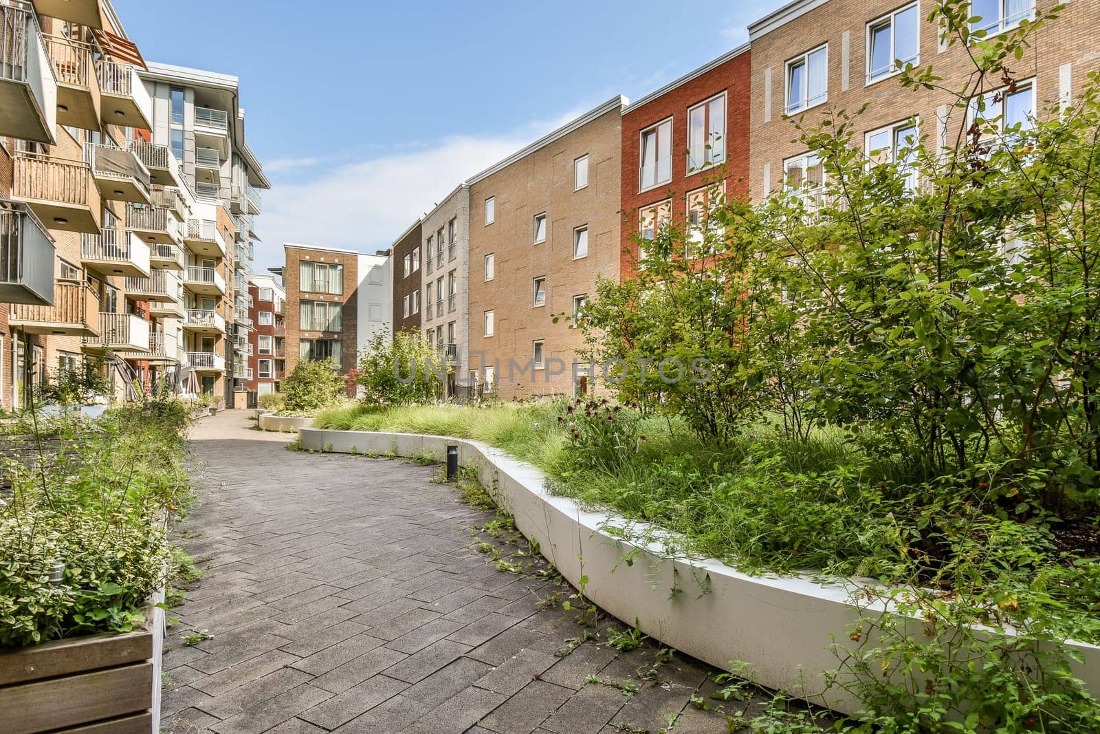 A serene pathway leads through contemporary residential buildings adorned with lush greenery, blending nature and modern living harmoniously.