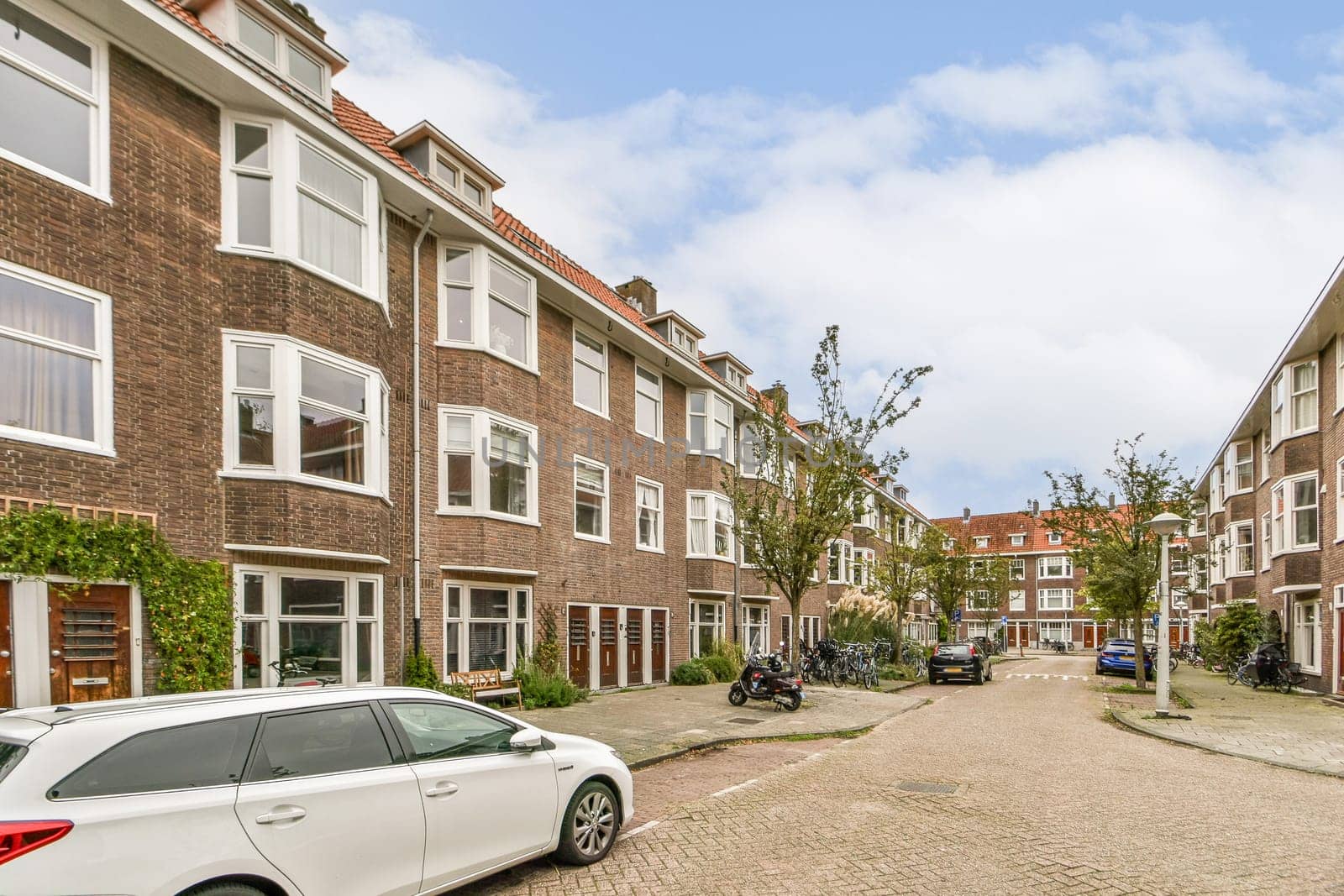 A picturesque view of a residential street lined with modern buildings, trees, and parked cars, showcasing a vibrant urban atmosphere.