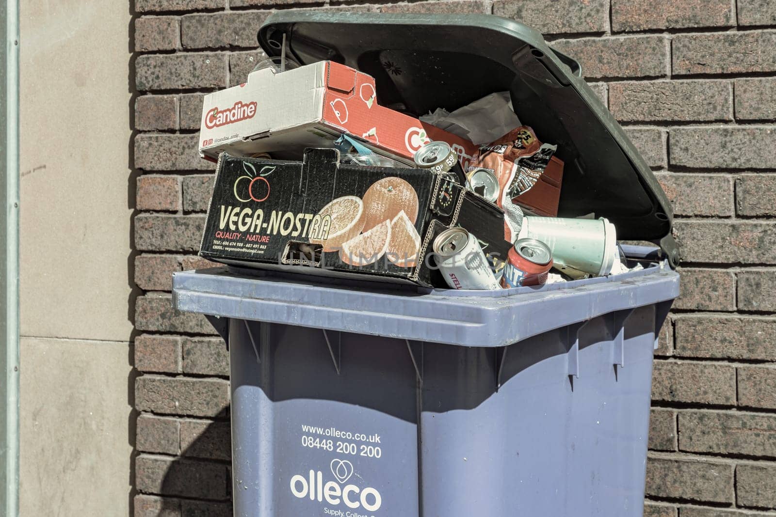 Newcastle, UK - Apr 13, 2025 - Blue rubbish bin with lid open and full on garbage or trash overflowing and be smelly. that havent been collected for weeks and are stand to cause a problem, use it as your Wallpaper, Poster and Copy space, Selective focus.