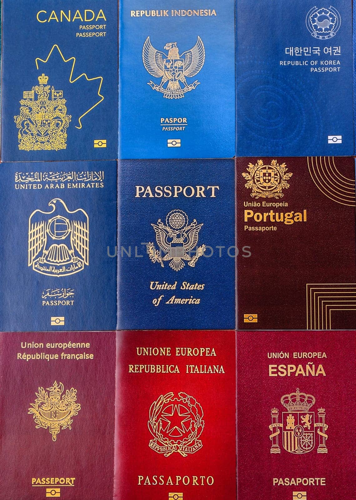 Passports of citizens of different countries of the world, background consisting of passports of several countries.