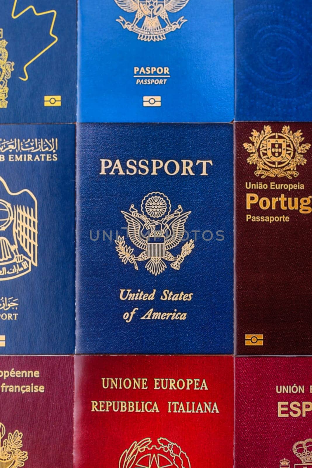 Passports of citizens of different countries of the world, background consisting of passports of several countries.