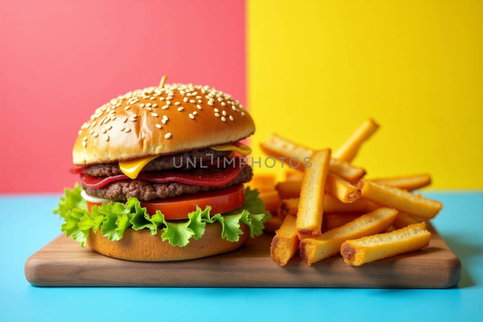 A juicy burger stacked with cheese, lettuce, tomato, and meat served alongside crispy fries on a wooden board. The colorful backdrop adds vibrancy. Generative AI.
