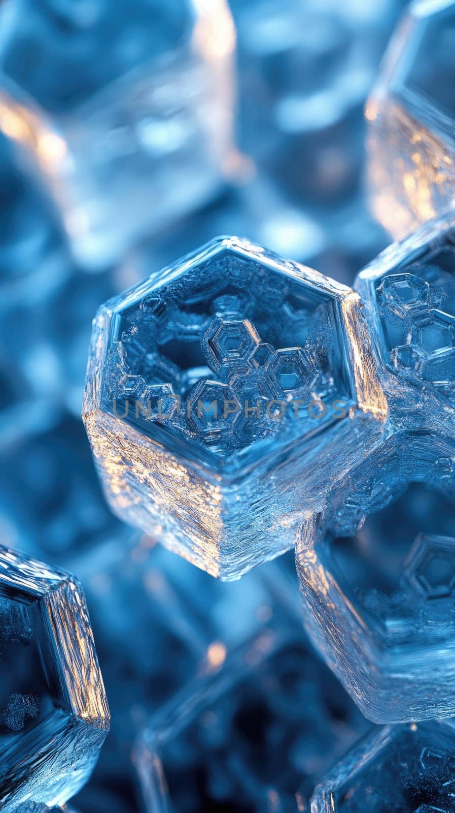 The abstract background features a detailed arrangement of hexagonal patterns and crystal ice textures.