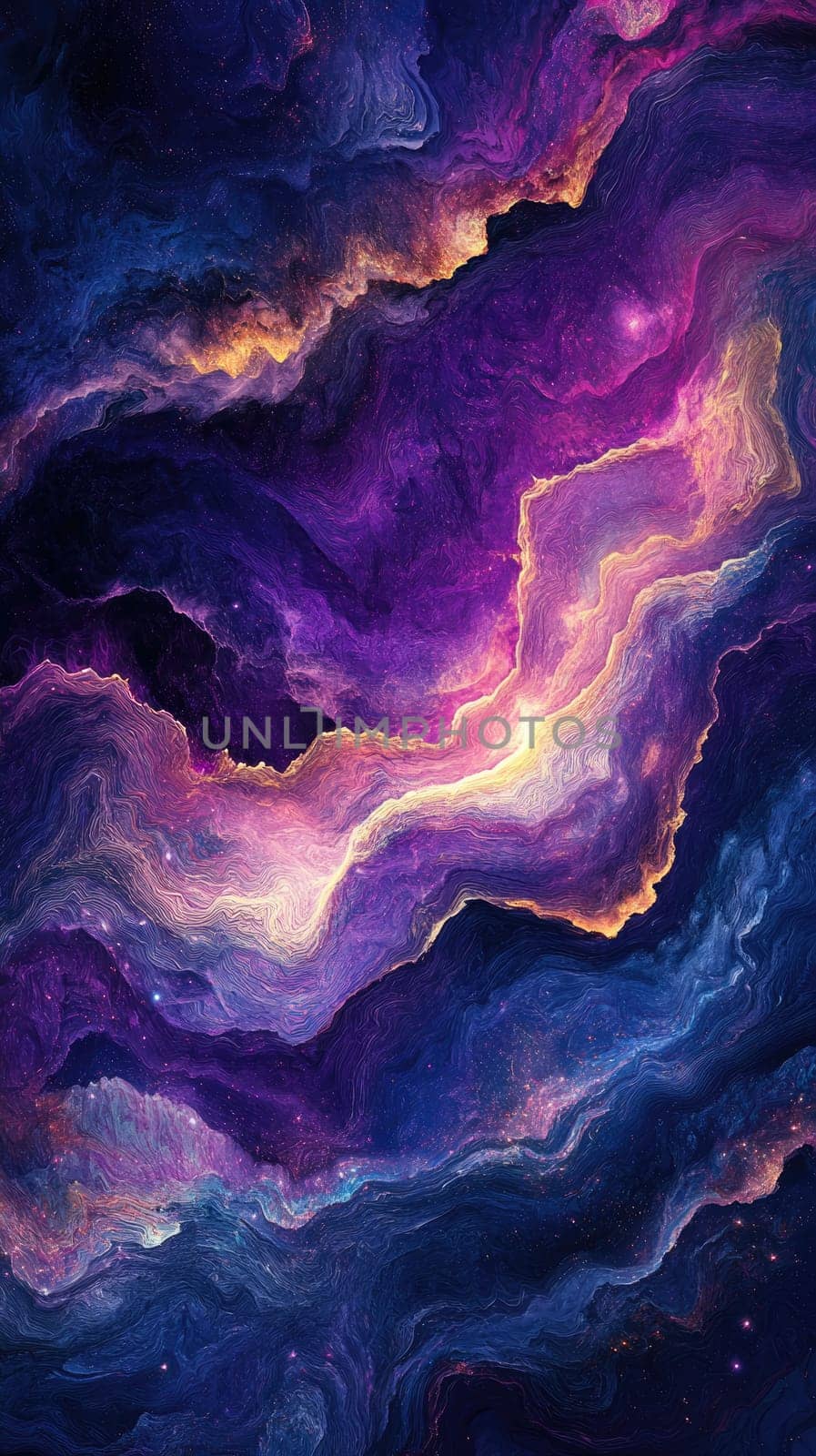 Swirling lines and waves in deep purple and blue tones evoke a sense of cosmic energy. A starry glow enhances the futuristic and elegant aesthetic, inviting an immersive visual experience.
