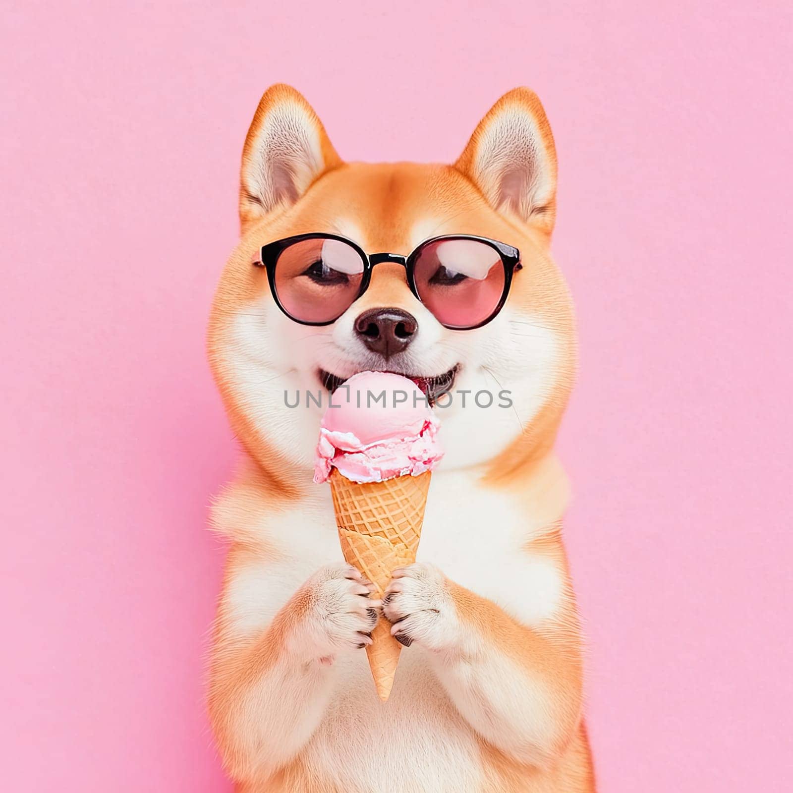 A Shiba Inu stands confidently, wearing trendy sunglasses and holding an ice cream cone. The dog has a relaxed expression, exuding a cool vibe while facing the camera.