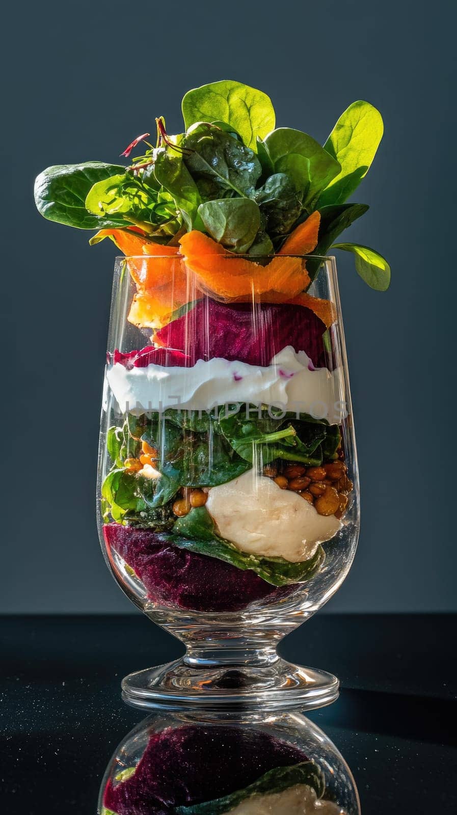 Layers of beet, lentils, and baby spinach create a vibrant deconstructed salad displayed in a glass. Topped with yogurt foam and leafy greens, this dish showcases artistic verticality.
