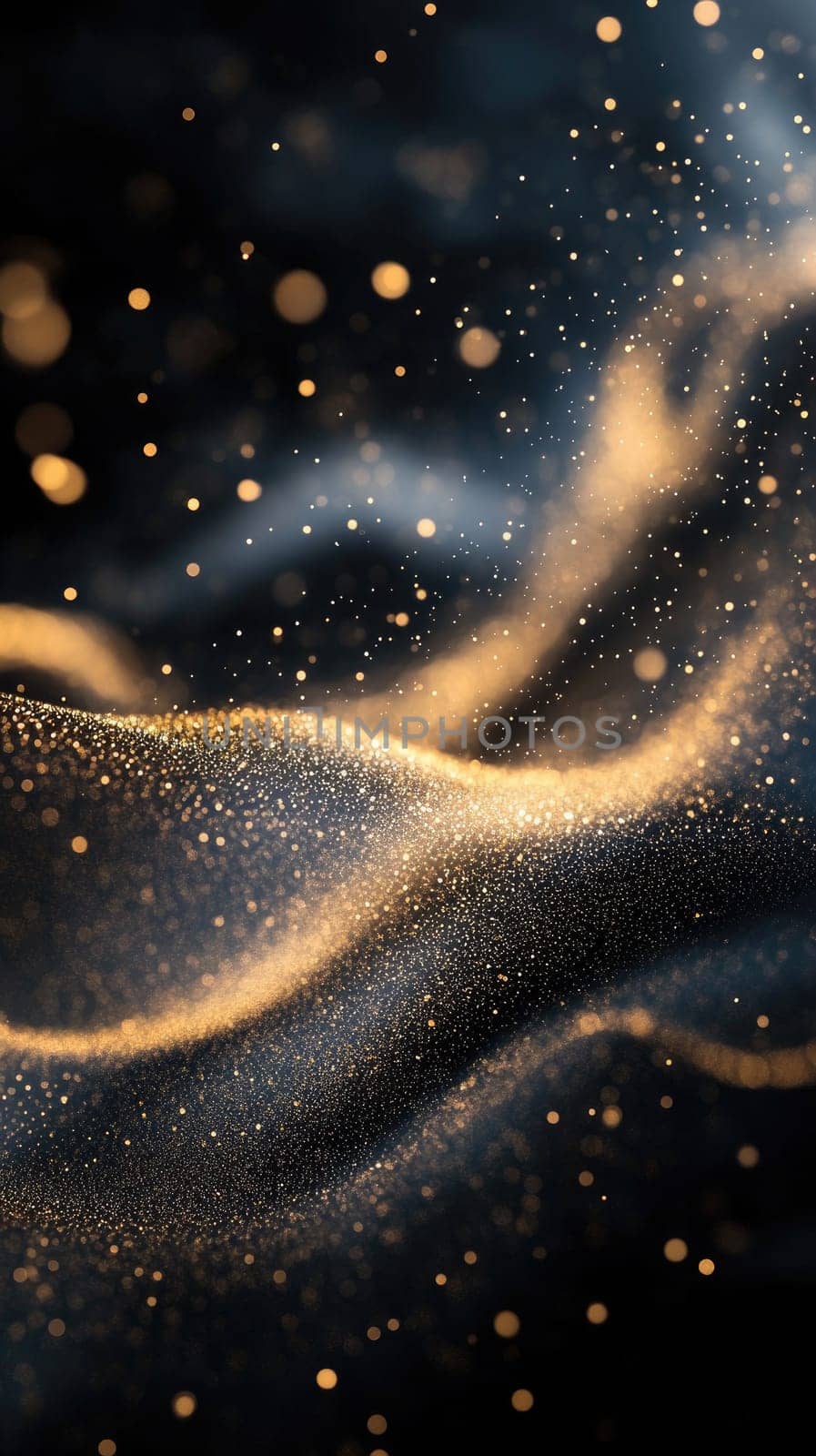 This abstract background features graceful lines intertwined with scattered golden dust particles on a dark canvas.