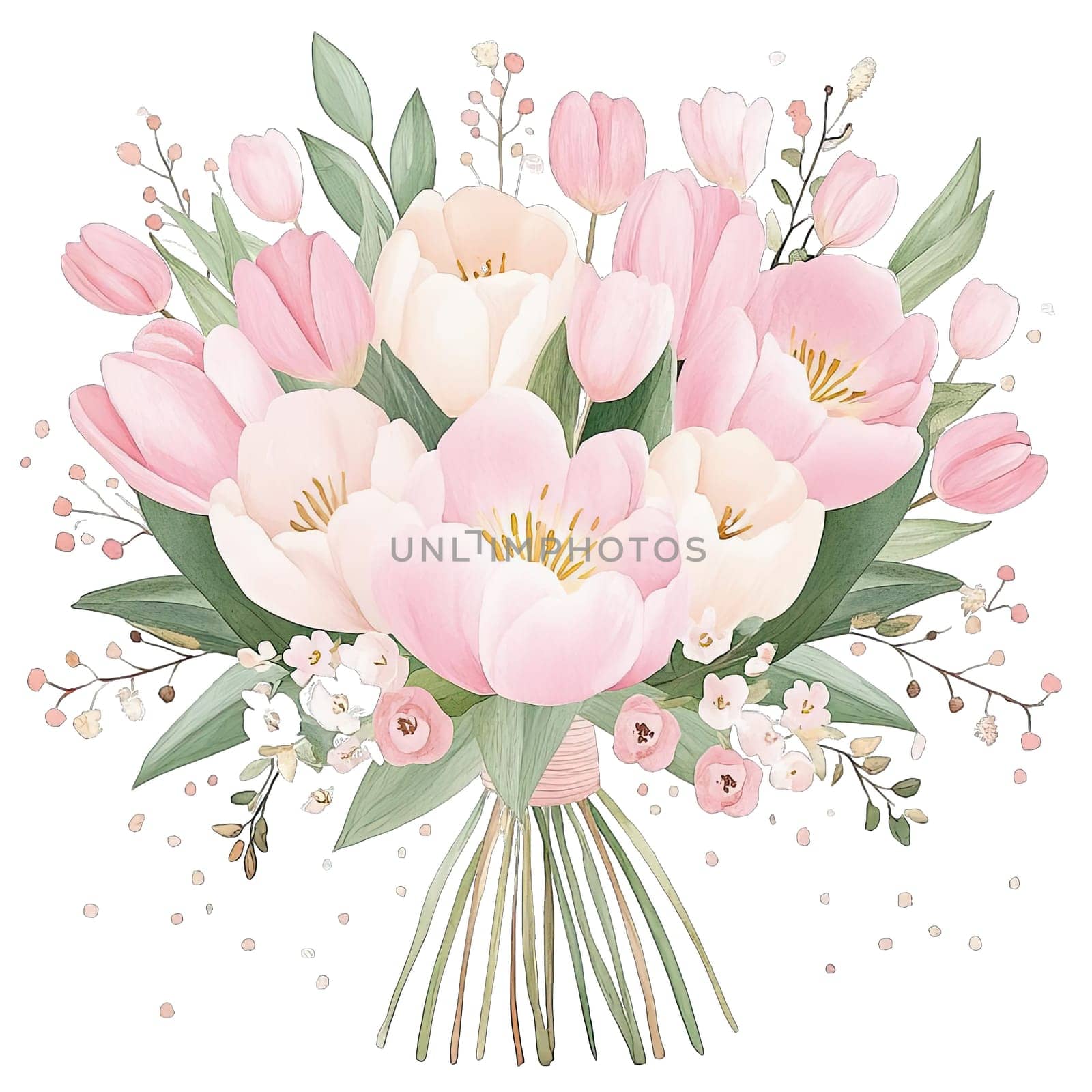 A stunning bouquet is arranged with pink tulips and white flowers, surrounded by delicate greenery and small blossoms. This lovely floral arrangement is perfect for celebrations or gifts.