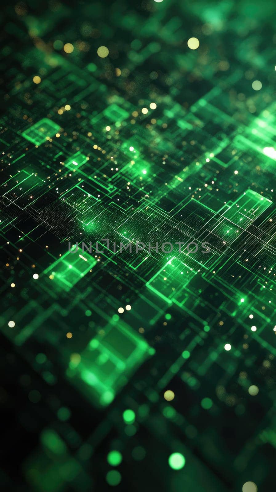 Dark green and black shades form an intricate abstract background with structured lines, evoking a cybernetic aesthetic. This design showcases futuristic inspiration with a high-tech appearance.