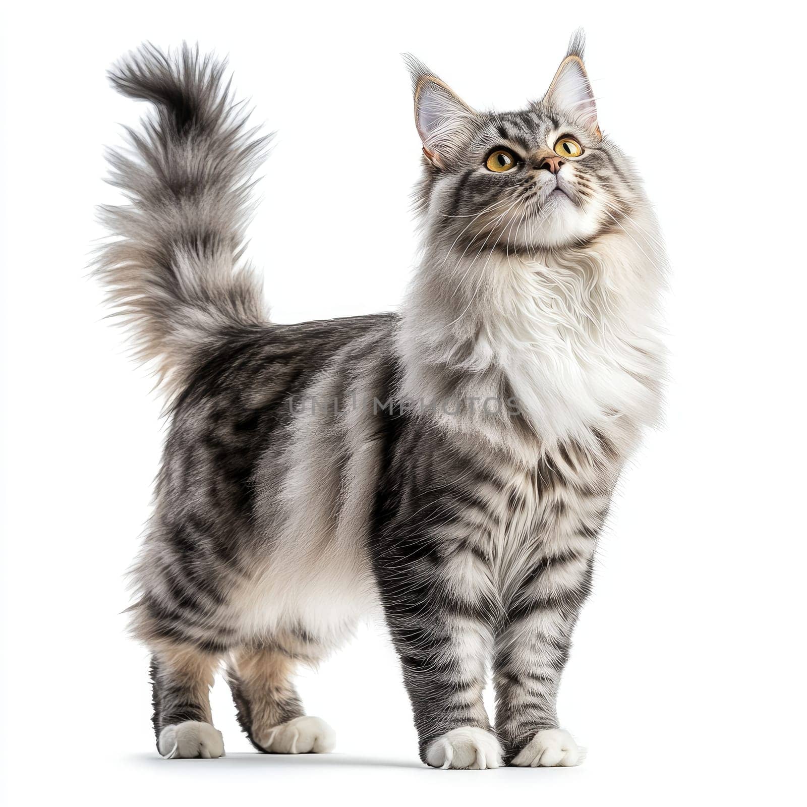A Maine Coon cat showcases its luxurious silver-gray coat while standing upright with its tail raised. The cat gazes curiously to the side, displaying its striking features against a white backdrop.
