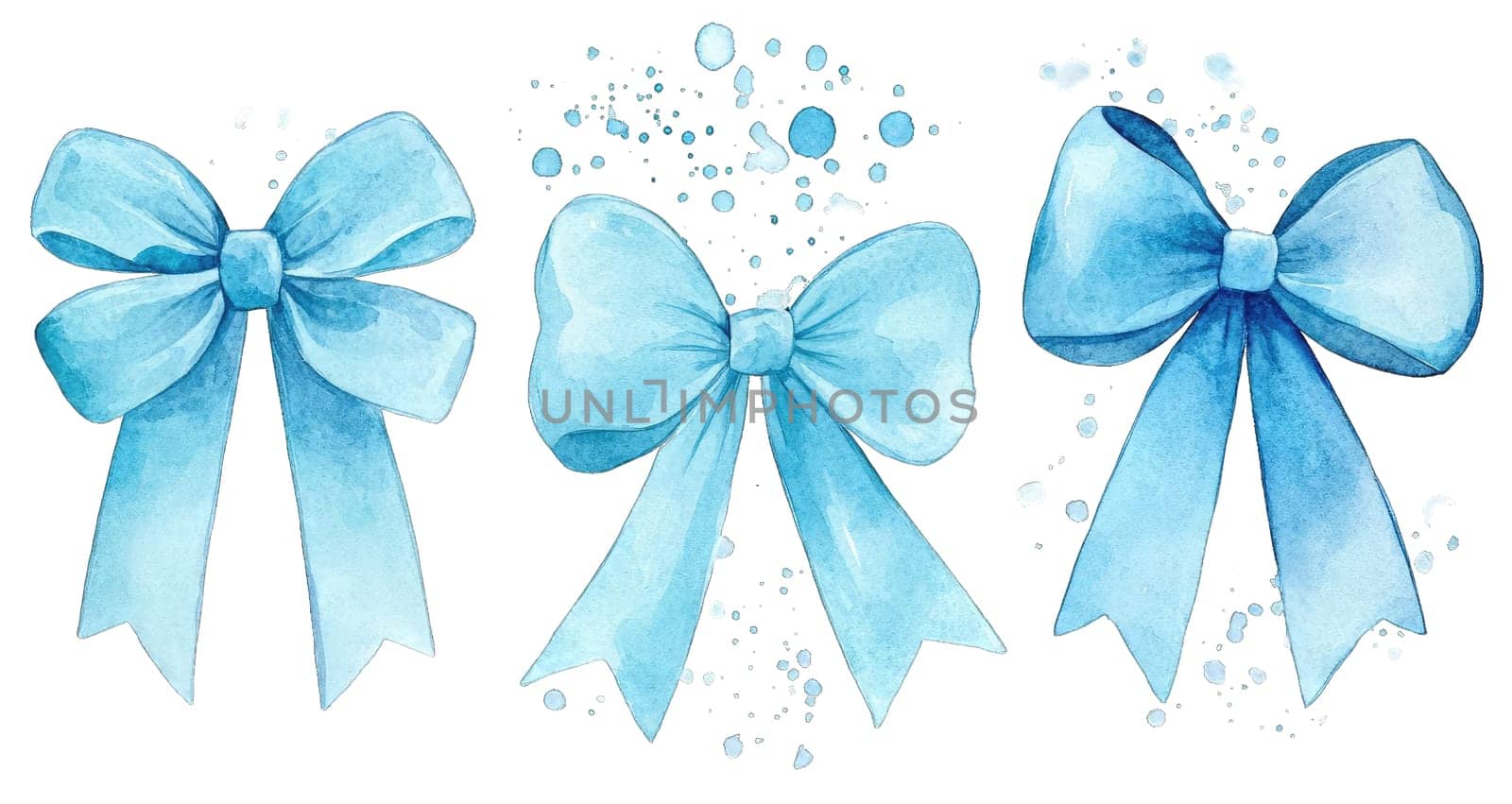 A collection of three blue bows with flowing tails, illustrated in a soft watercolor style. Ideal for various decorative purposes, these bows add an elegant touch to gifts and events.