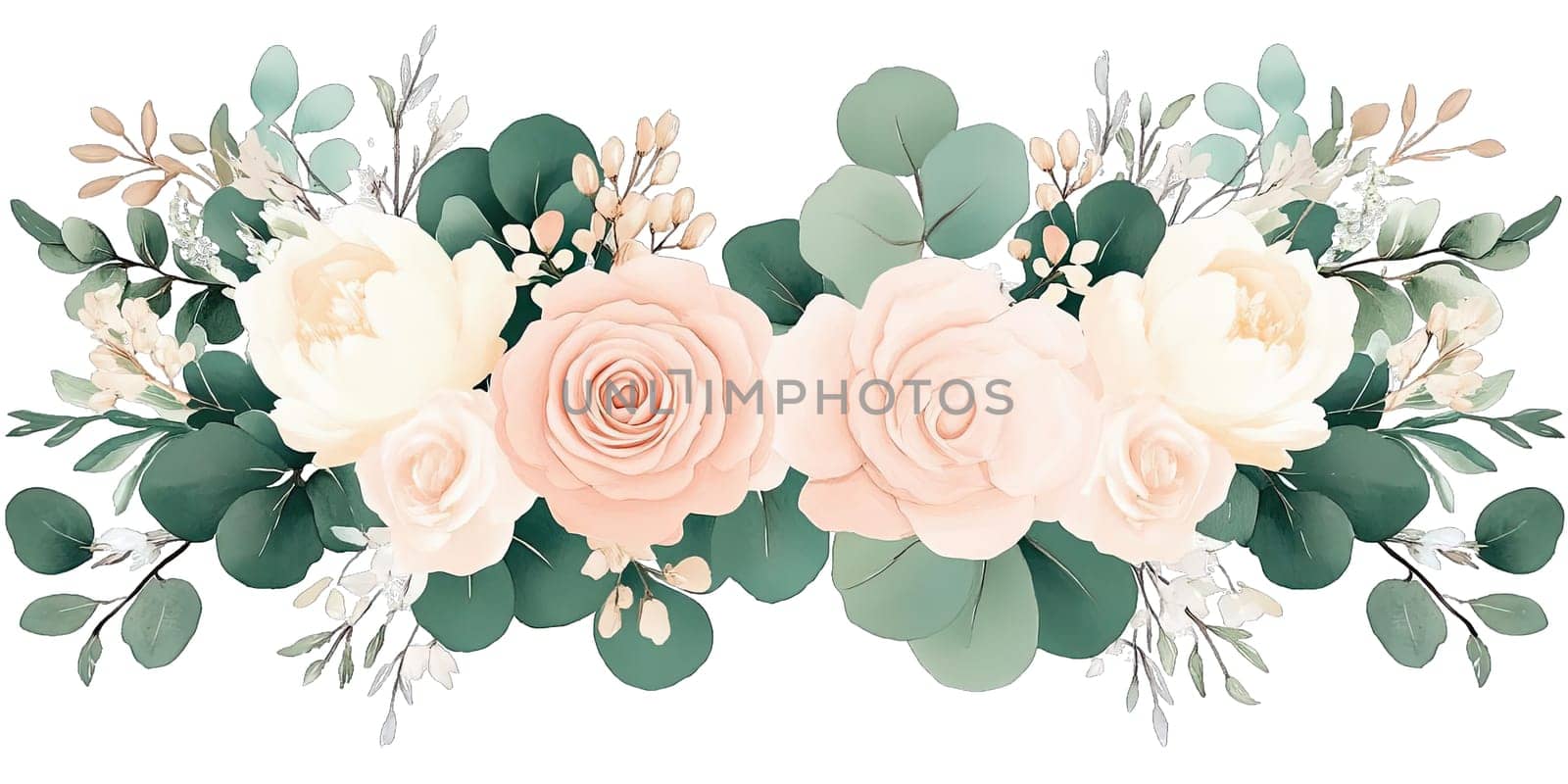 Elegant floral design displays soft pink and cream roses surrounded by lush greenery and delicate accents. Perfect for decorating events or enhancing home decor with a fresh aesthetic.