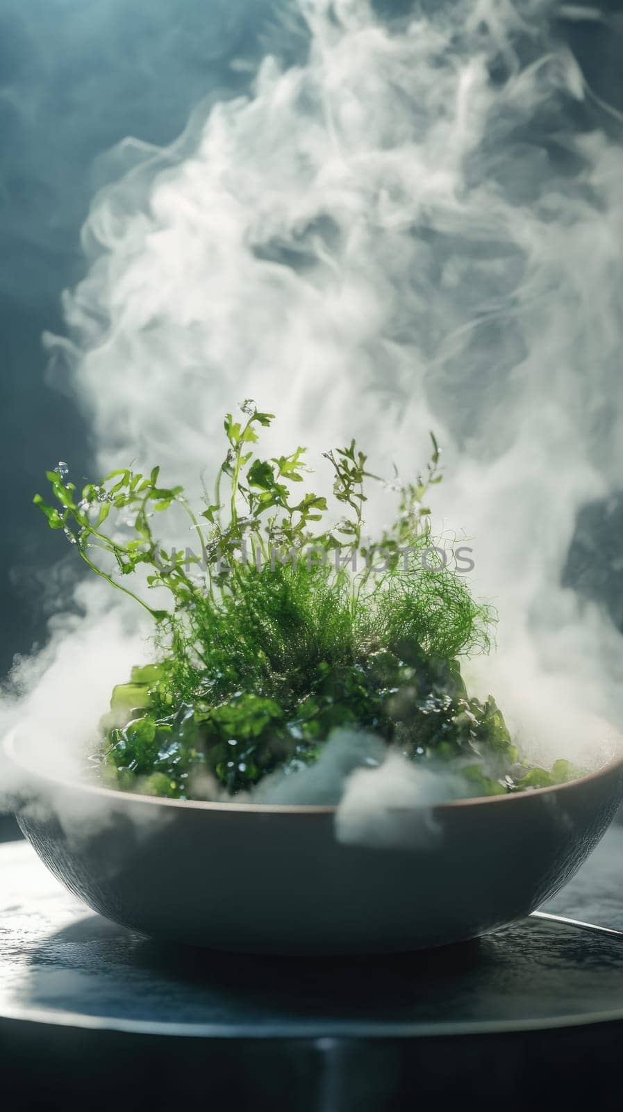 A futuristic bowl holds a vibrant mix of next-gen greens and seaweed, surrounded by delicate mist and molecular garnishes. Soft lighting enhances the innovative and experimental culinary presentation.