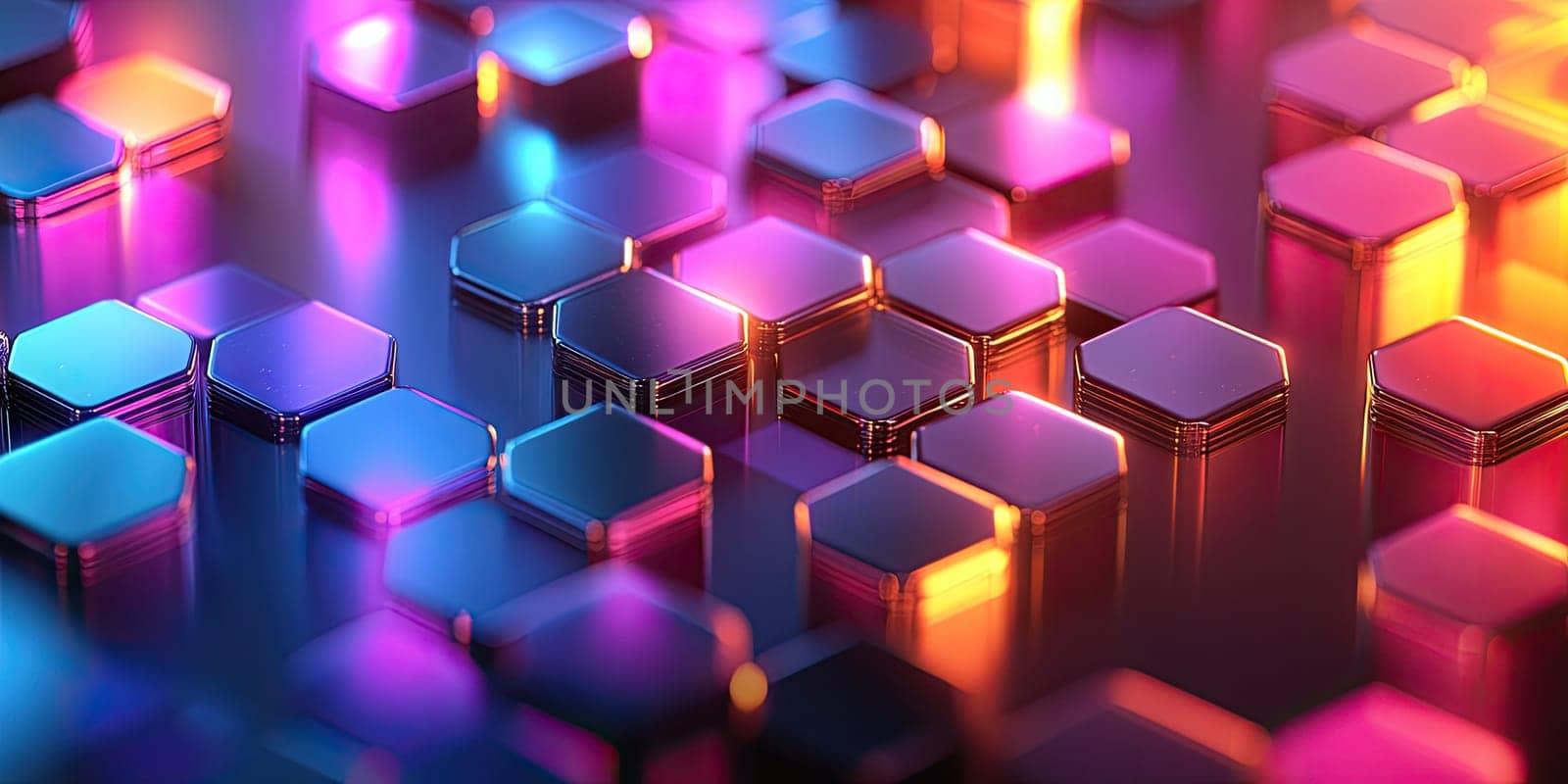 This abstract background showcases a hexagonal pattern illuminated by vibrant holographic colors. The modern design exudes high-tech elegance with iridescent reflections creating a sci-fi aesthetic.