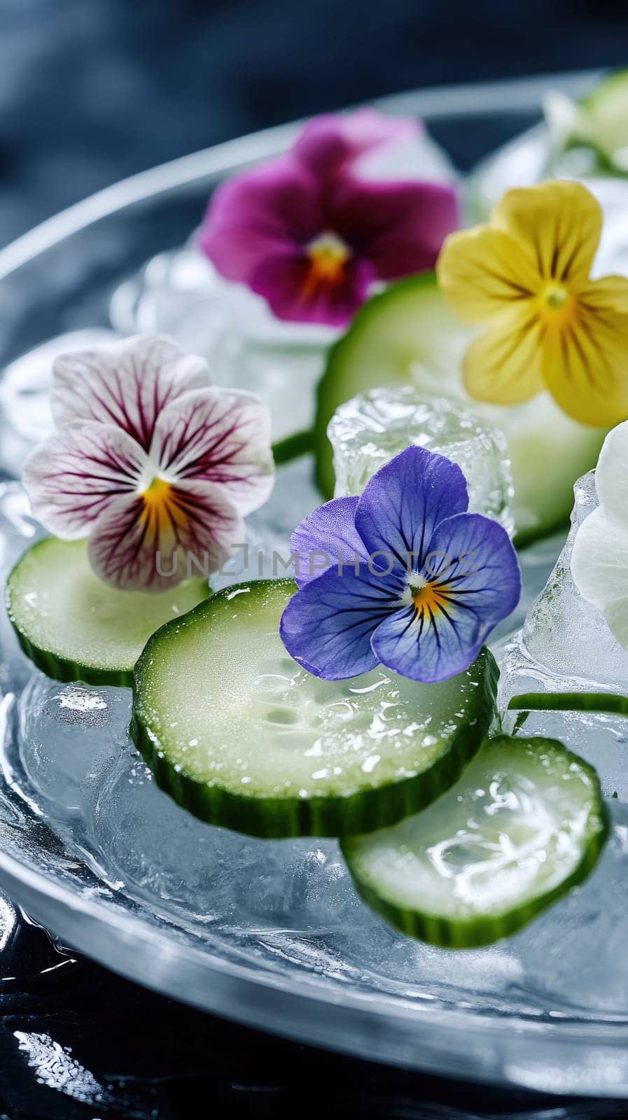 Colorful edible flowers float over delicate cucumber ribbons served on a bed of ice in a translucent plate. A luxury presentation showcasing botanical elegance and freshness during a summer gathering.