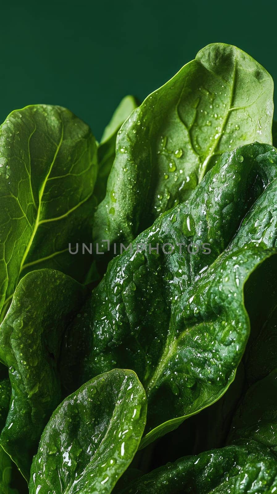 Close-up of lush leafy greens showcases droplets and intricate veins. The deep green backdrop enhances the seasonal freshness, capturing nature s vivid colors and textures beautifully.