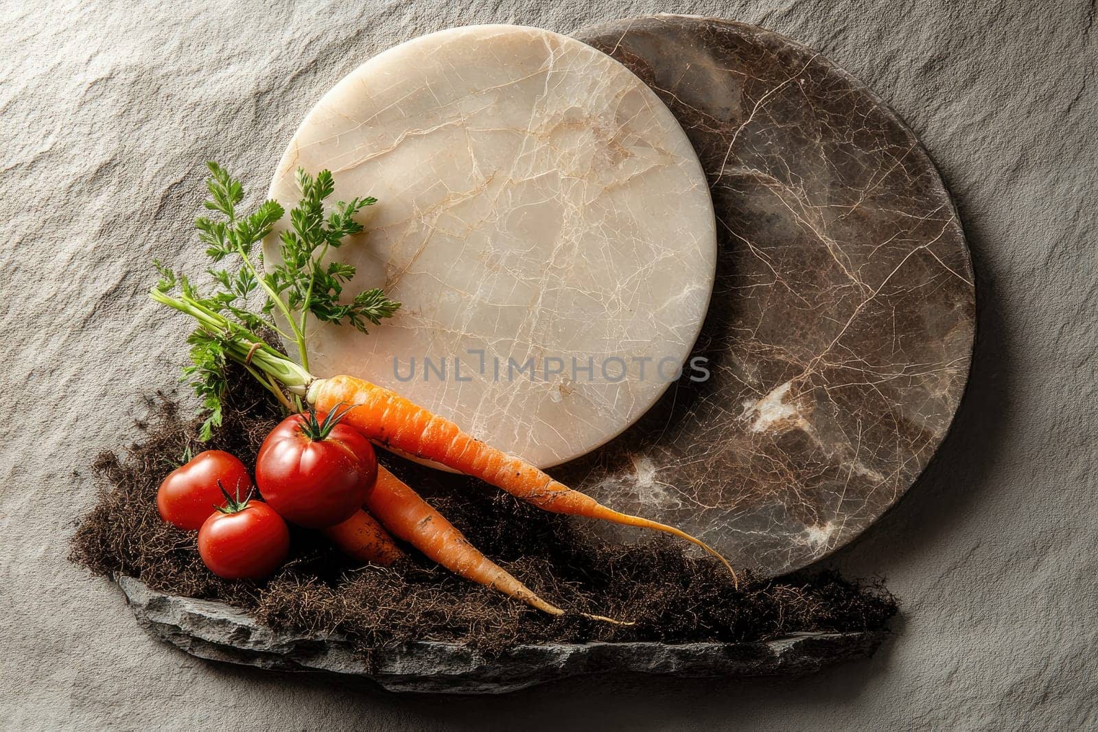 Fresh local farm products feature prominently with heirloom tomatoes, rainbow carrots, and herbs set on a textured stone background. Earthy tones and soft lighting enhance the farm-to-table essence.
