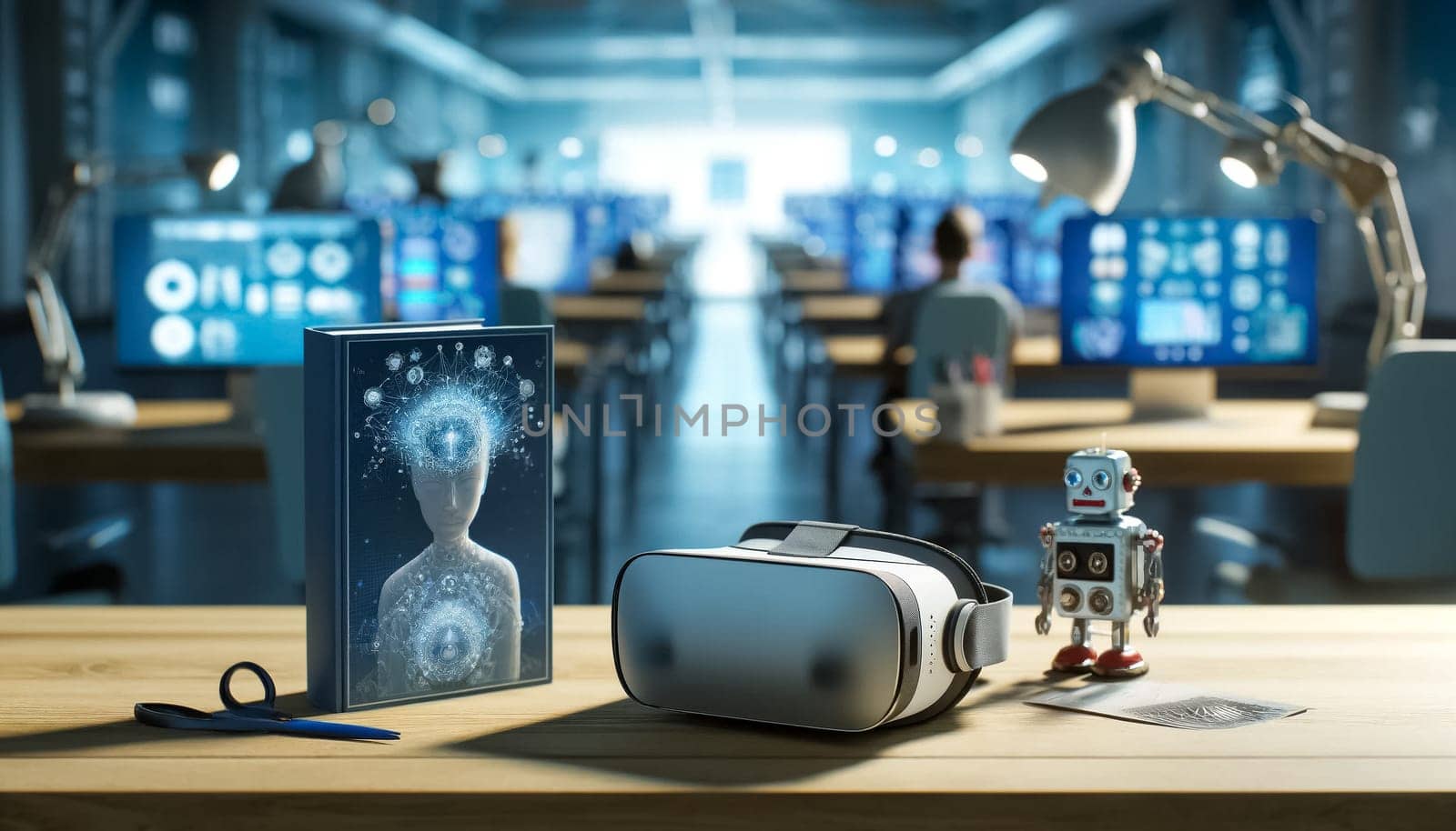 Set against a backdrop of futuristic screens, a virtual reality headset rests on a textbook about artificial intelligence, while a small robot appears ready for interaction, symbolizing the blend of education and cutting-edge tech.