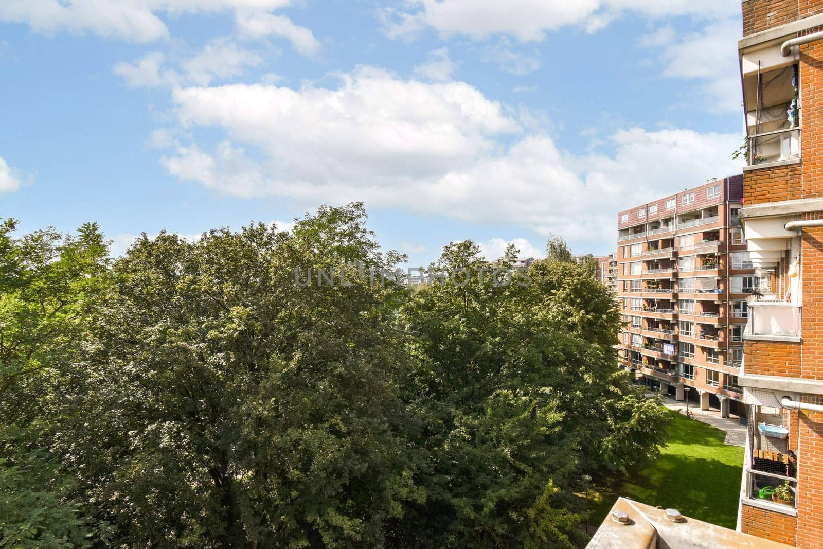 A vibrant urban scene showcasing modern buildings amidst lush green trees, capturing the essence of city life and nature coexisting.