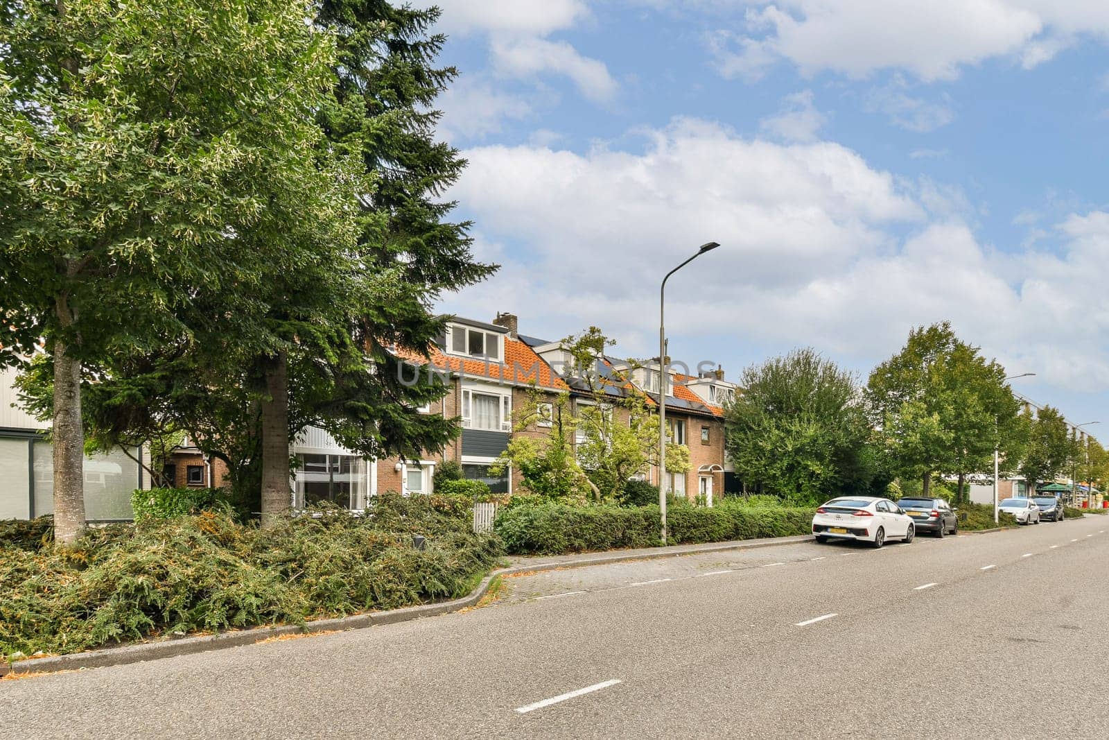 A picturesque residential street lined with vibrant greenery and quaint houses under a clear sky, highlighting a tranquil suburban environment.