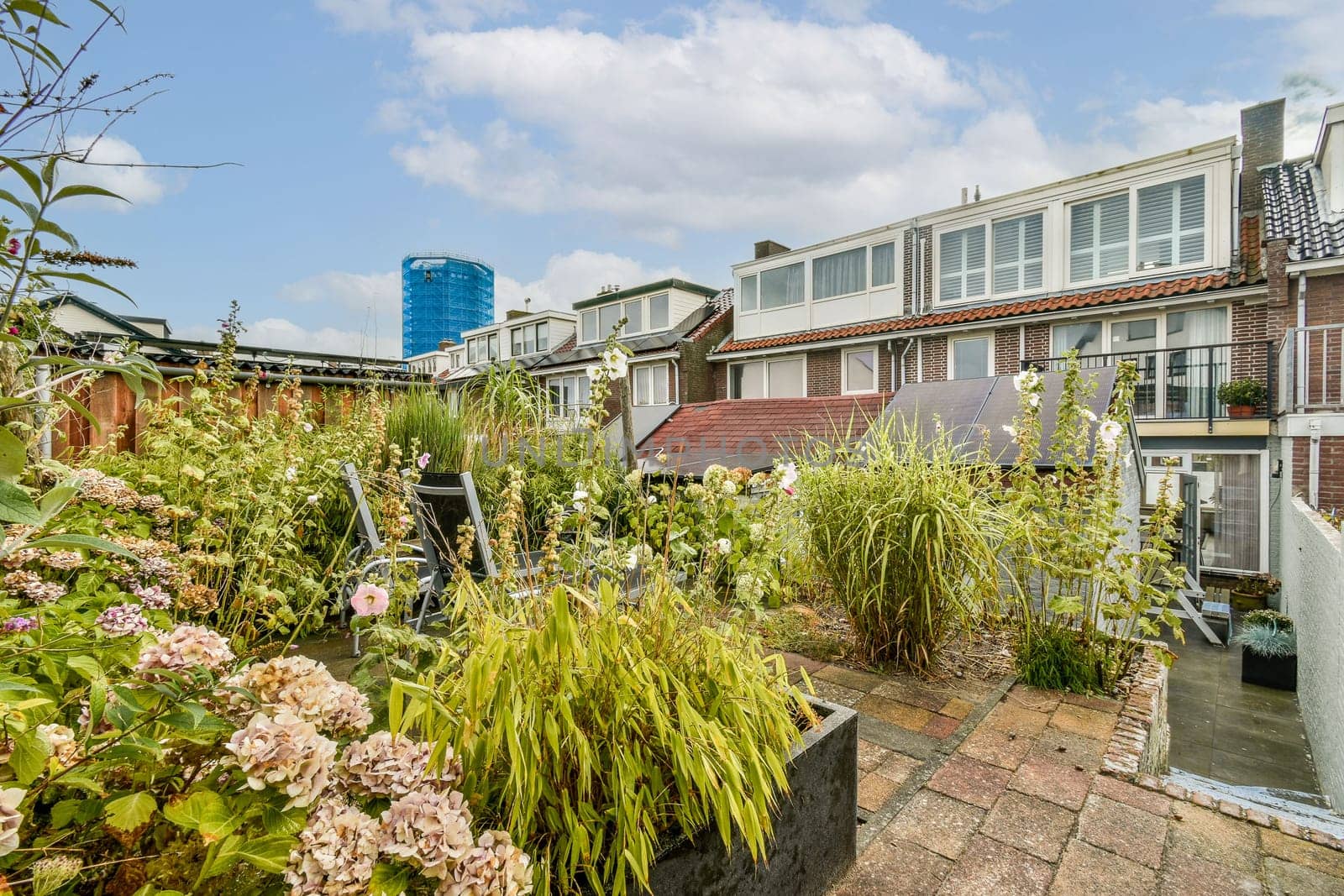 A vibrant urban garden filled with various plants and flowers, contrasting the modern buildings in the background under a bright blue sky.