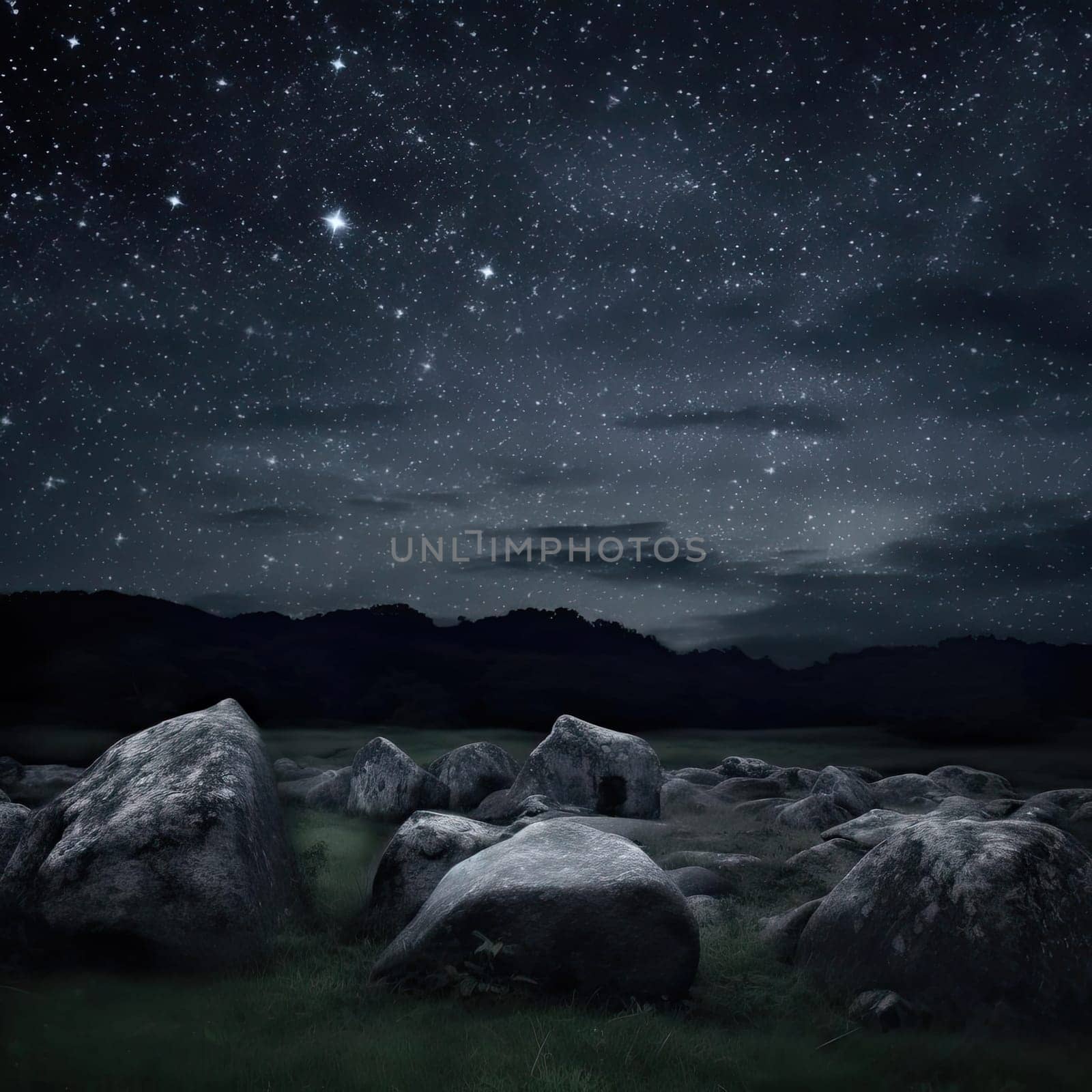 Night sky with stars over rocks in grassland (ID: 001840)