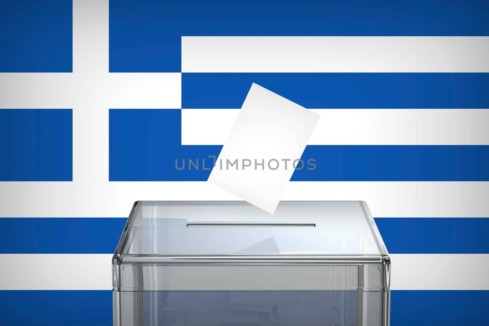 Inserting vote into the ballot box, concept image for election in Greece